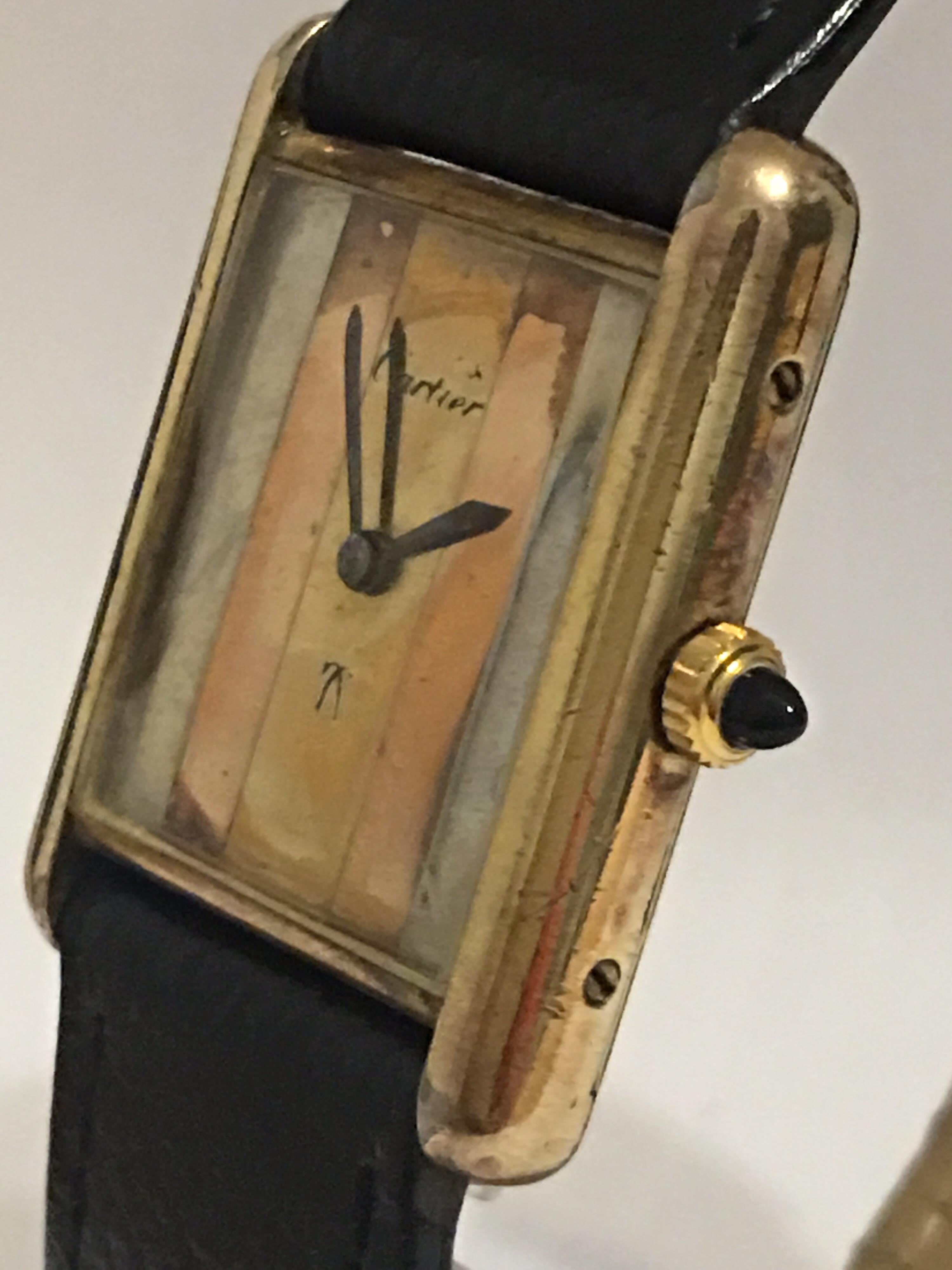 1970s Must de Cartier Paris Silver-Gilt Mechanical Tank Watch, Striped Gold Dial 5