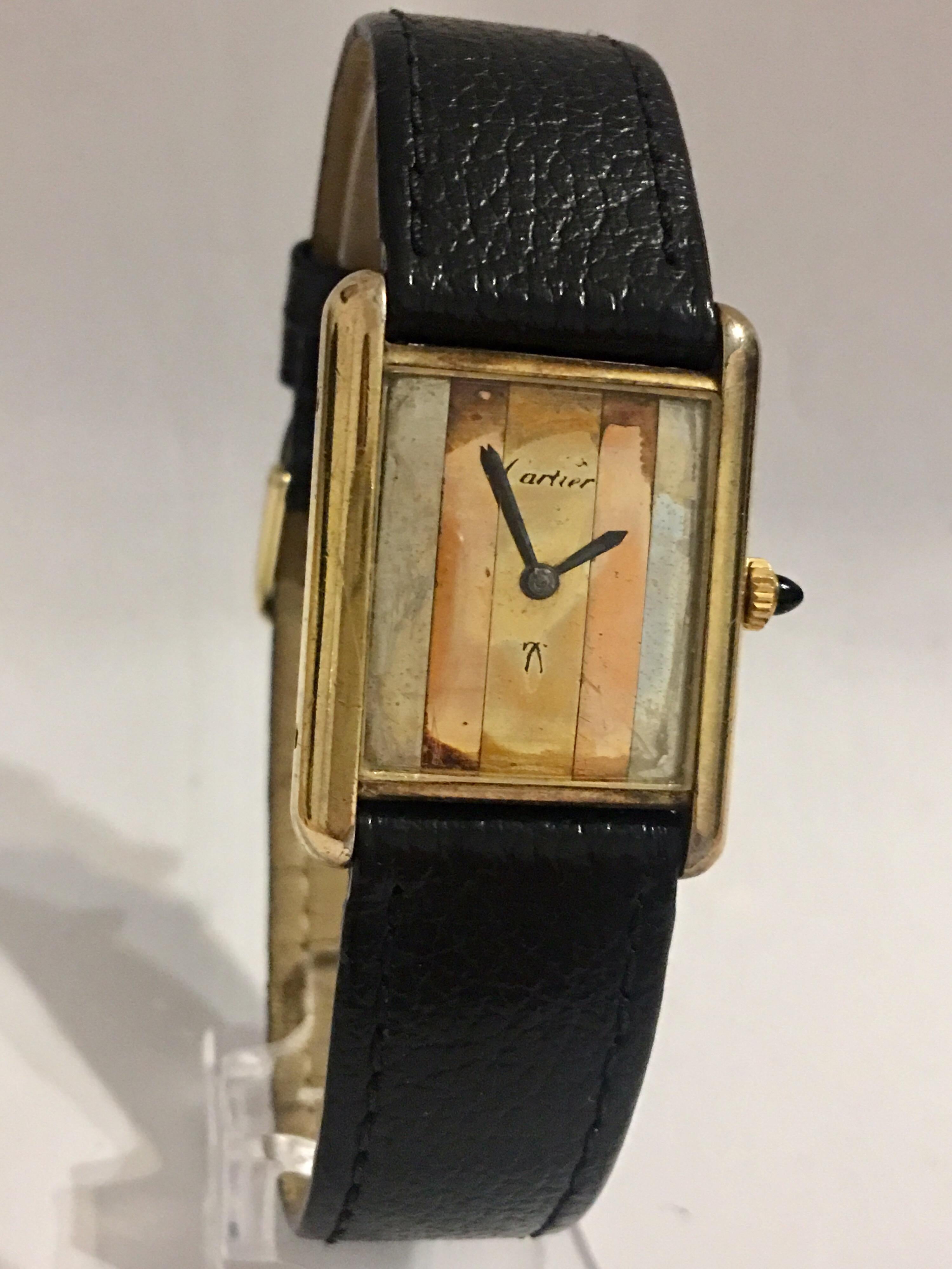 1970s Must de Cartier Paris Silver-Gilt Mechanical Tank Watch, Striped Gold Dial 6