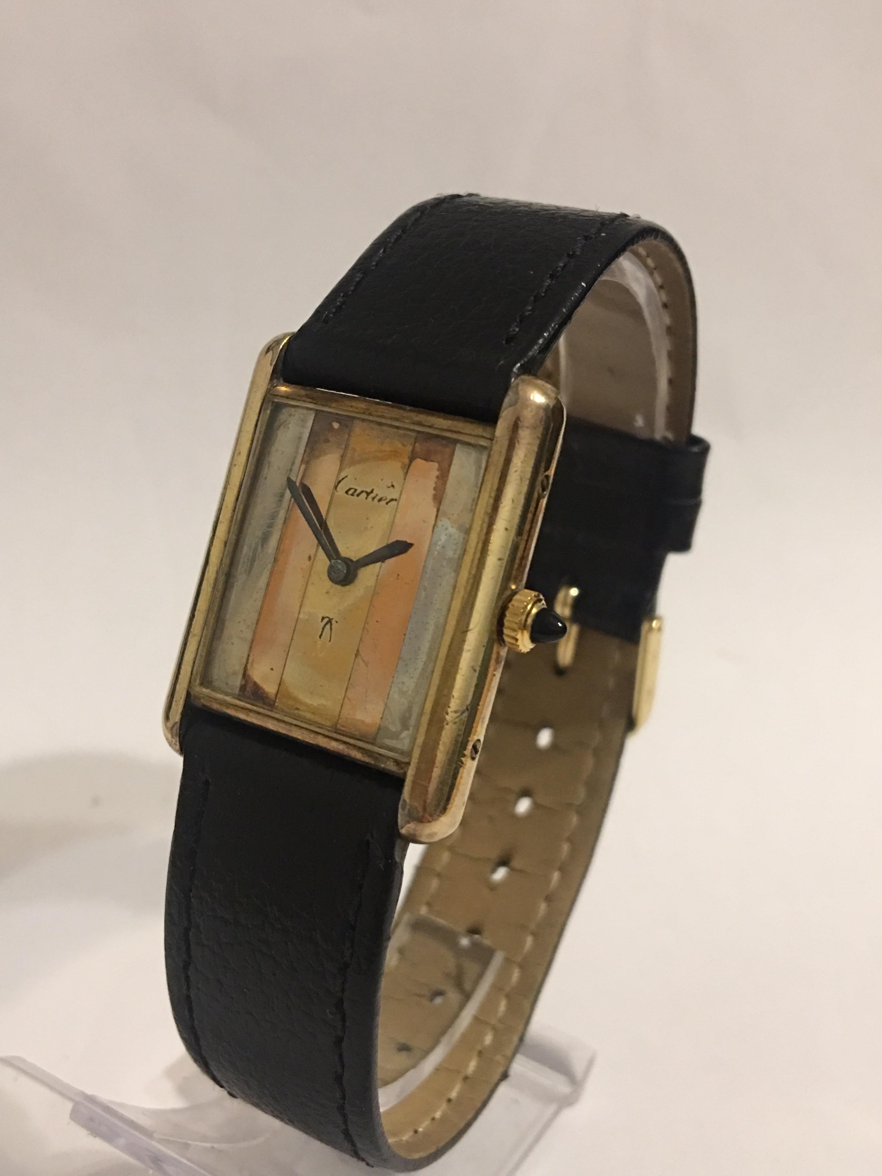 This beautiful pre-own vintage watch is working, ticking well and has been serviced. The dial is worn and tired as shown. Visible scratches and tarnished on its silver-Gilt case. The strap is worn. 

Please study the images carefully as form part of