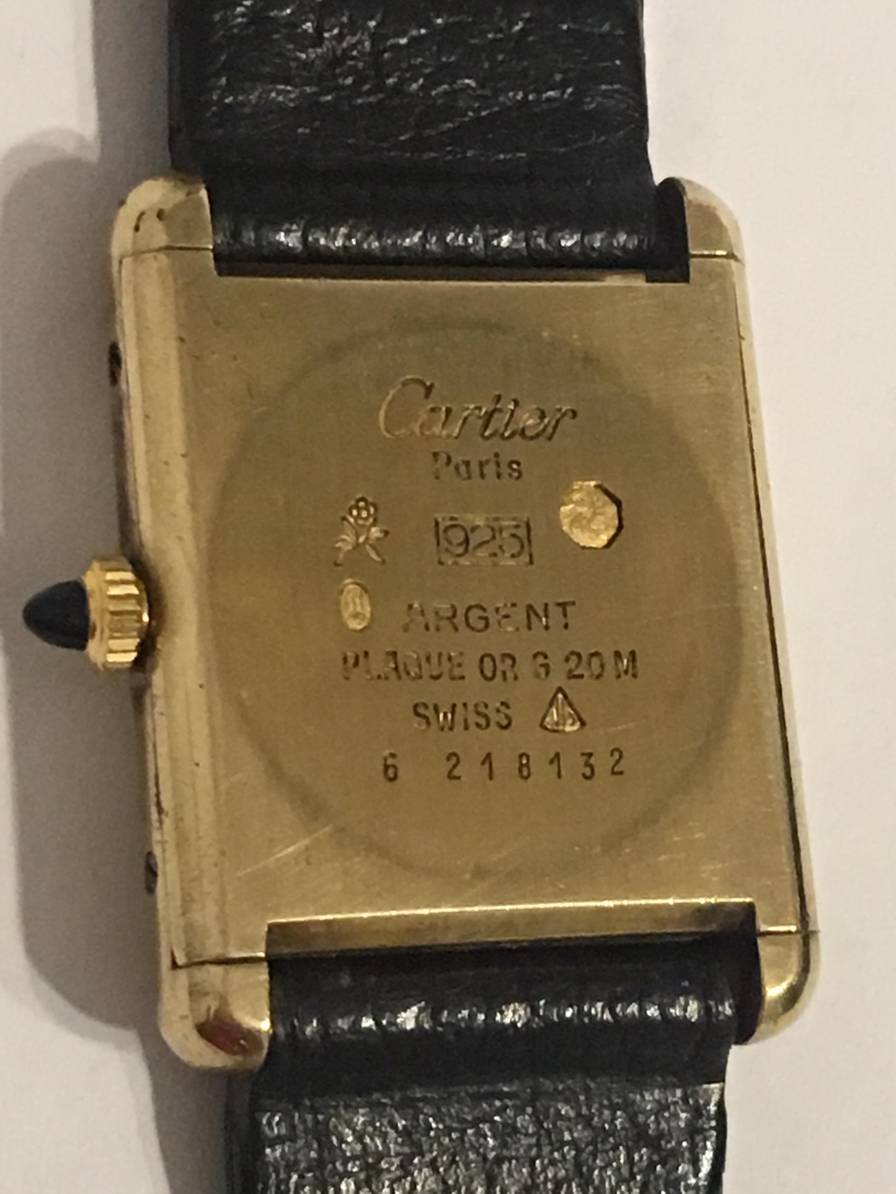 1970s Must de Cartier Paris Silver-Gilt Mechanical Tank Watch, Striped Gold Dial In Fair Condition In Carlisle, GB