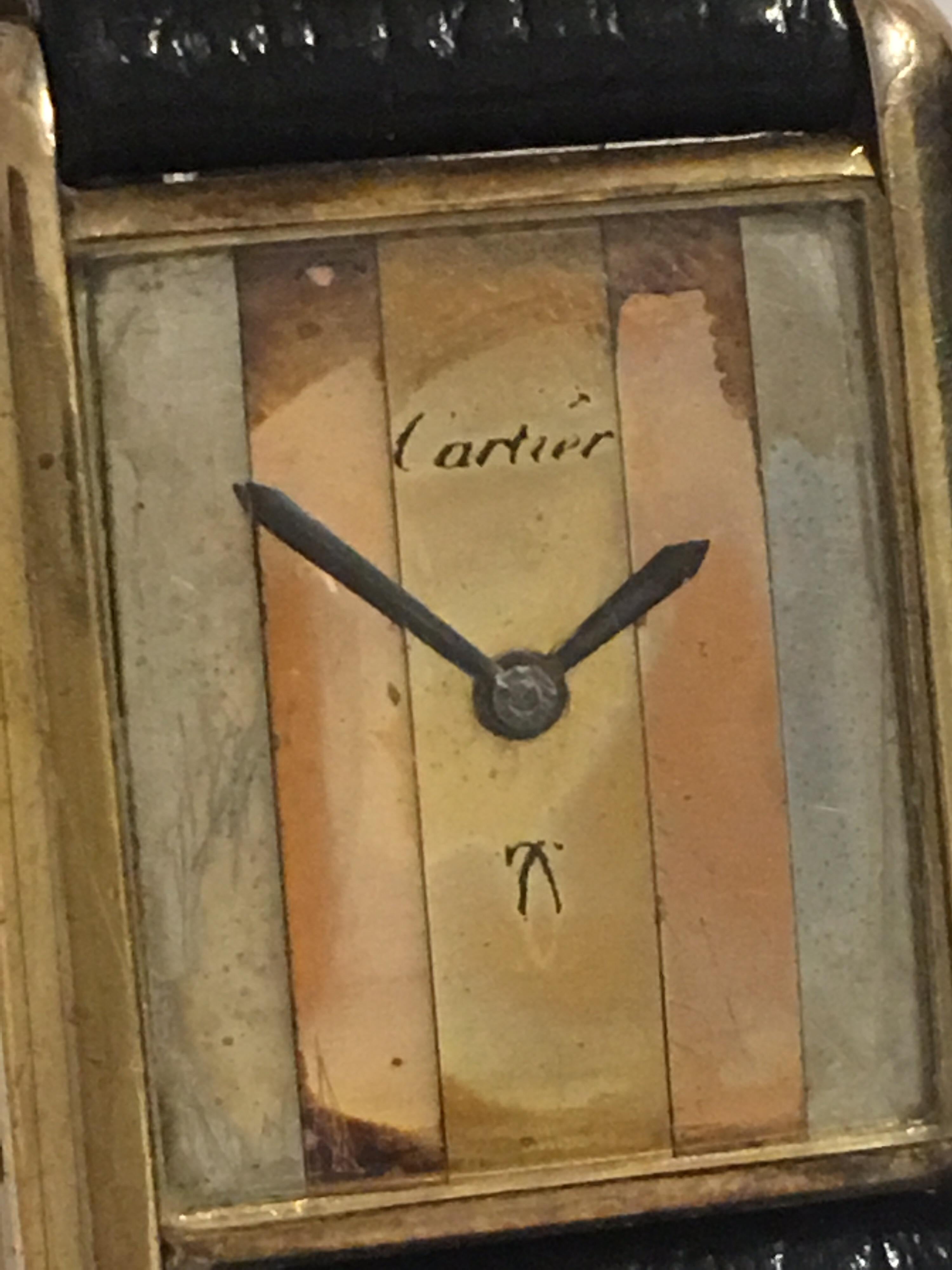 Women's or Men's 1970s Must de Cartier Paris Silver-Gilt Mechanical Tank Watch, Striped Gold Dial