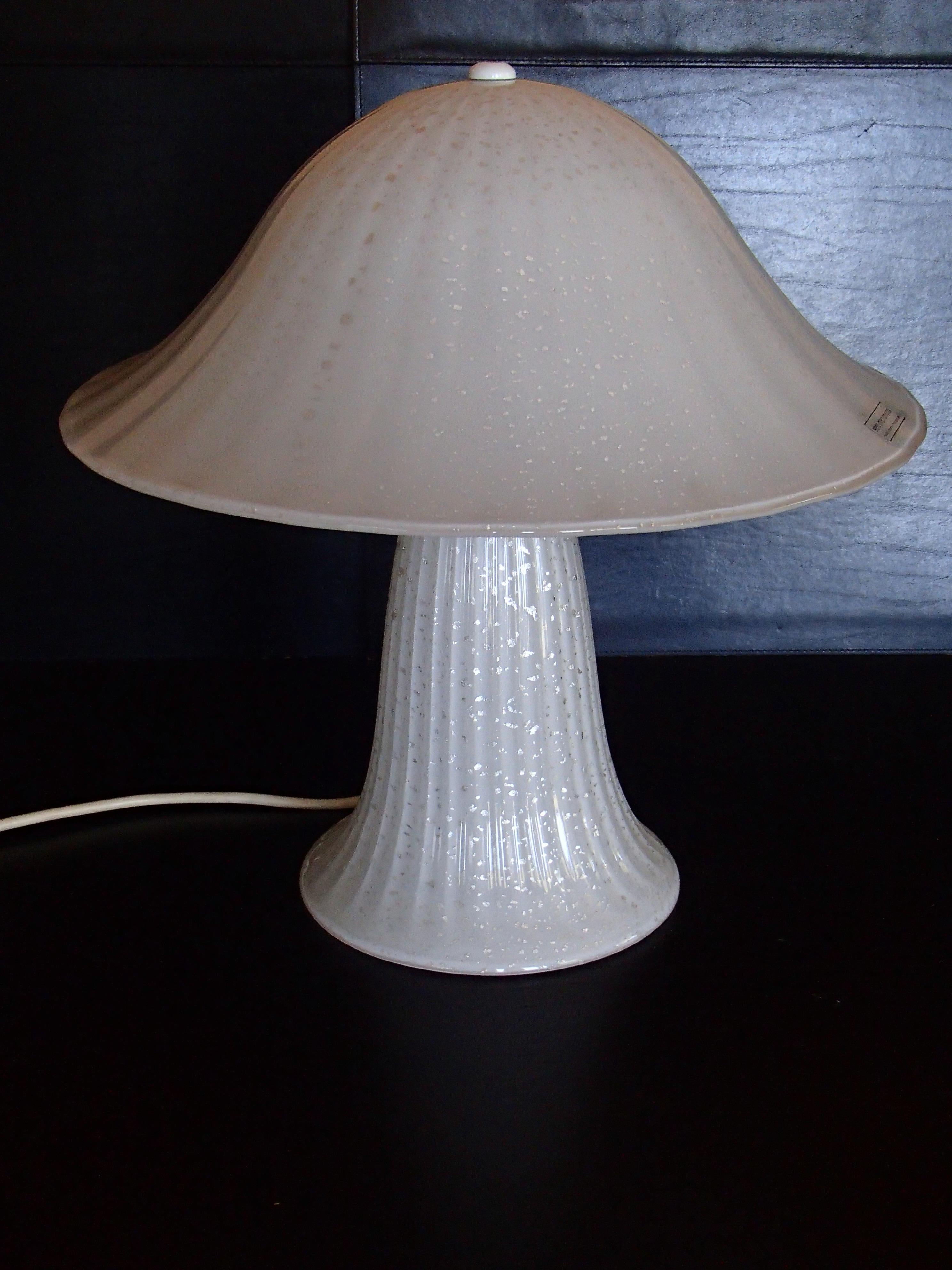 1970s Murano Effetre International white and silver inlays table lamp all glass also the base lights.
