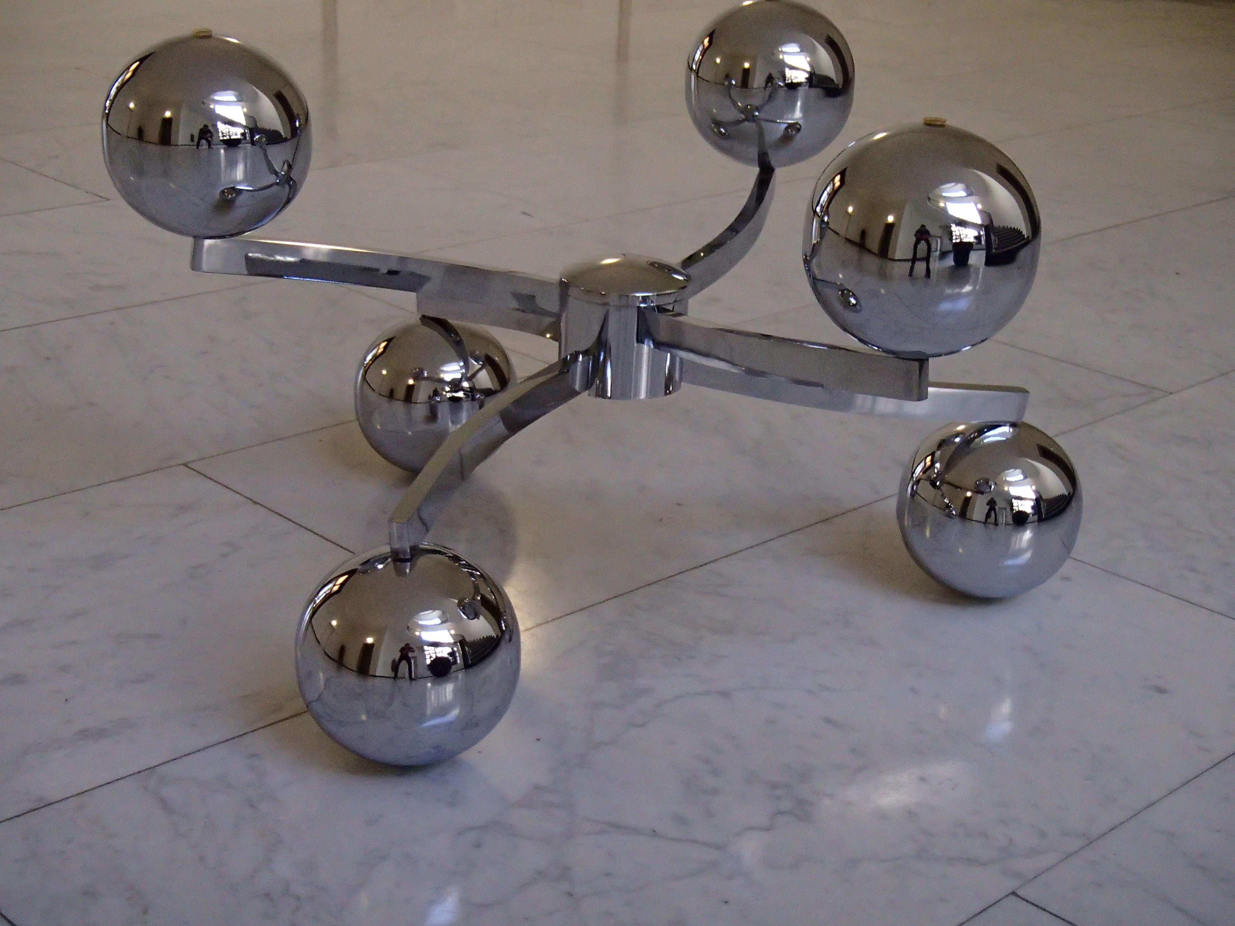 Mid-Century Modern 1970 This Planet Chrome Coffee Table Round Brown Glass Top For Sale