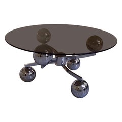 1970 This Planet Chrome Coffee Table Round Brown Glass Top