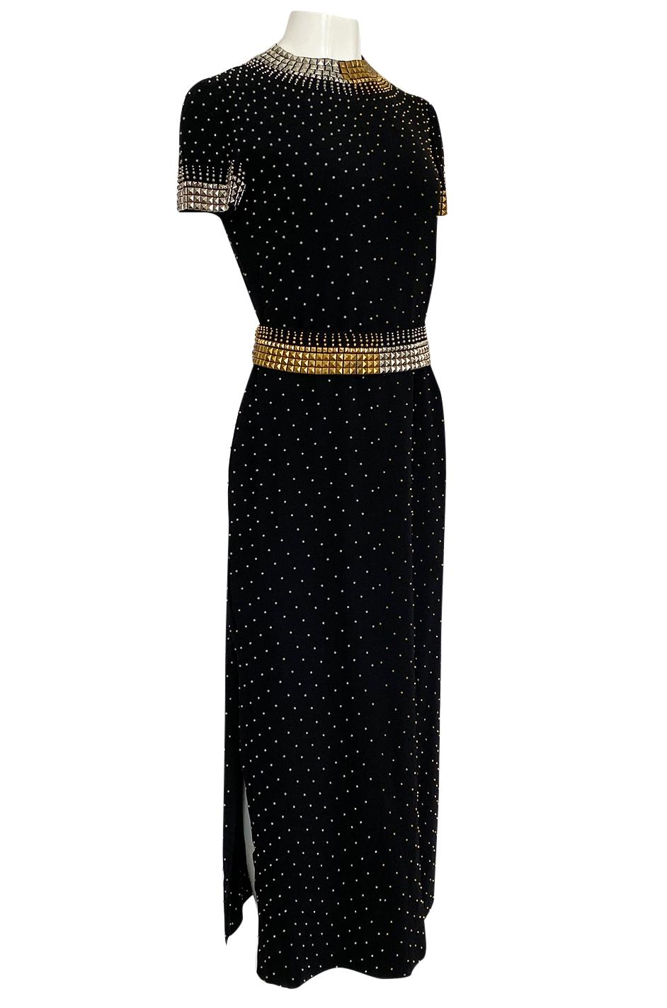 1971-73 Donald Brooks Brass and Silver Stud & Bead Black Crepe Dress In Excellent Condition In Rockwood, ON