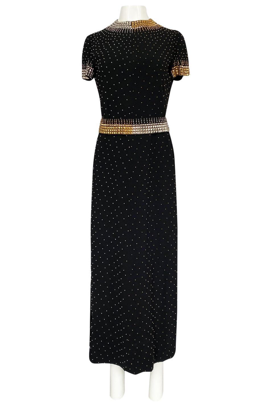 Women's 1971-73 Donald Brooks Brass and Silver Stud & Bead Black Crepe Dress