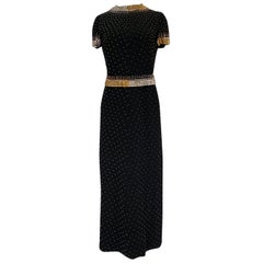 1971-73 Donald Brooks Brass and Silver Stud & Bead Black Crepe Dress