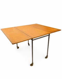 1971 Bruno Mathsson Swedish Drop Leaf Wood Steel Rolling Work Table