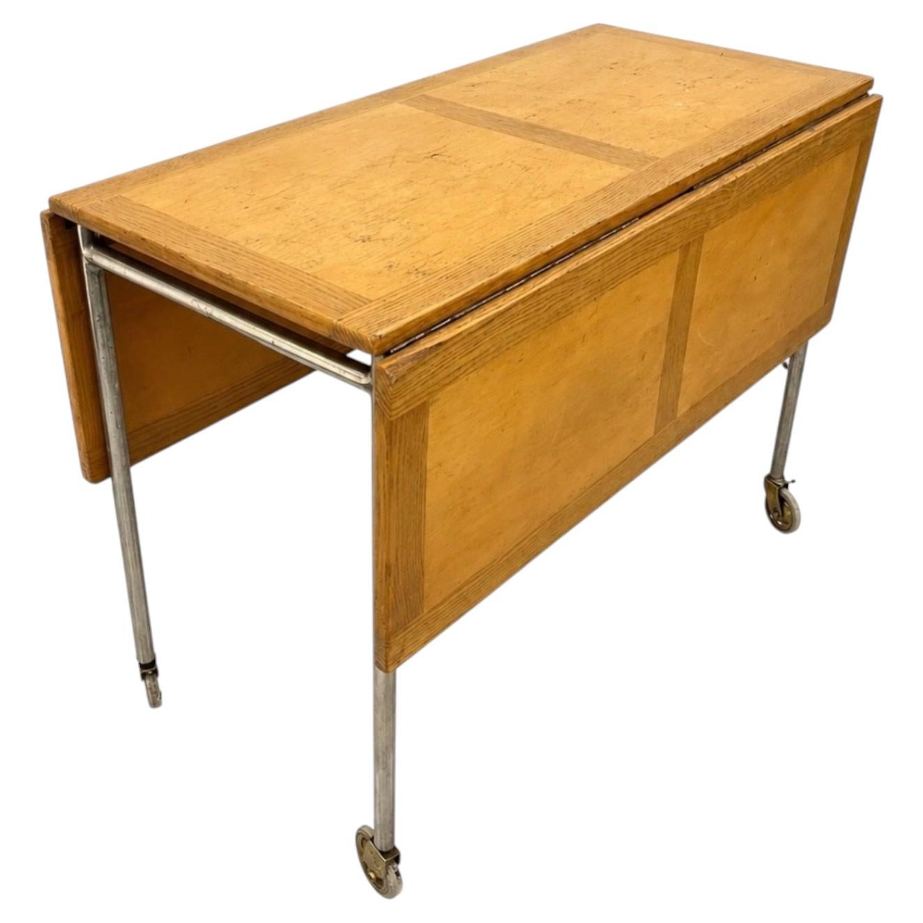 1971 Bruno Mathsson Swedish Drop Leaf Wood Steel Rolling Work Table For Sale
