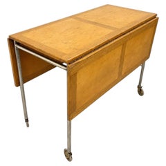 1971 Bruno Mathsson Swedish Drop Leaf Wood Steel Rolling Work Table