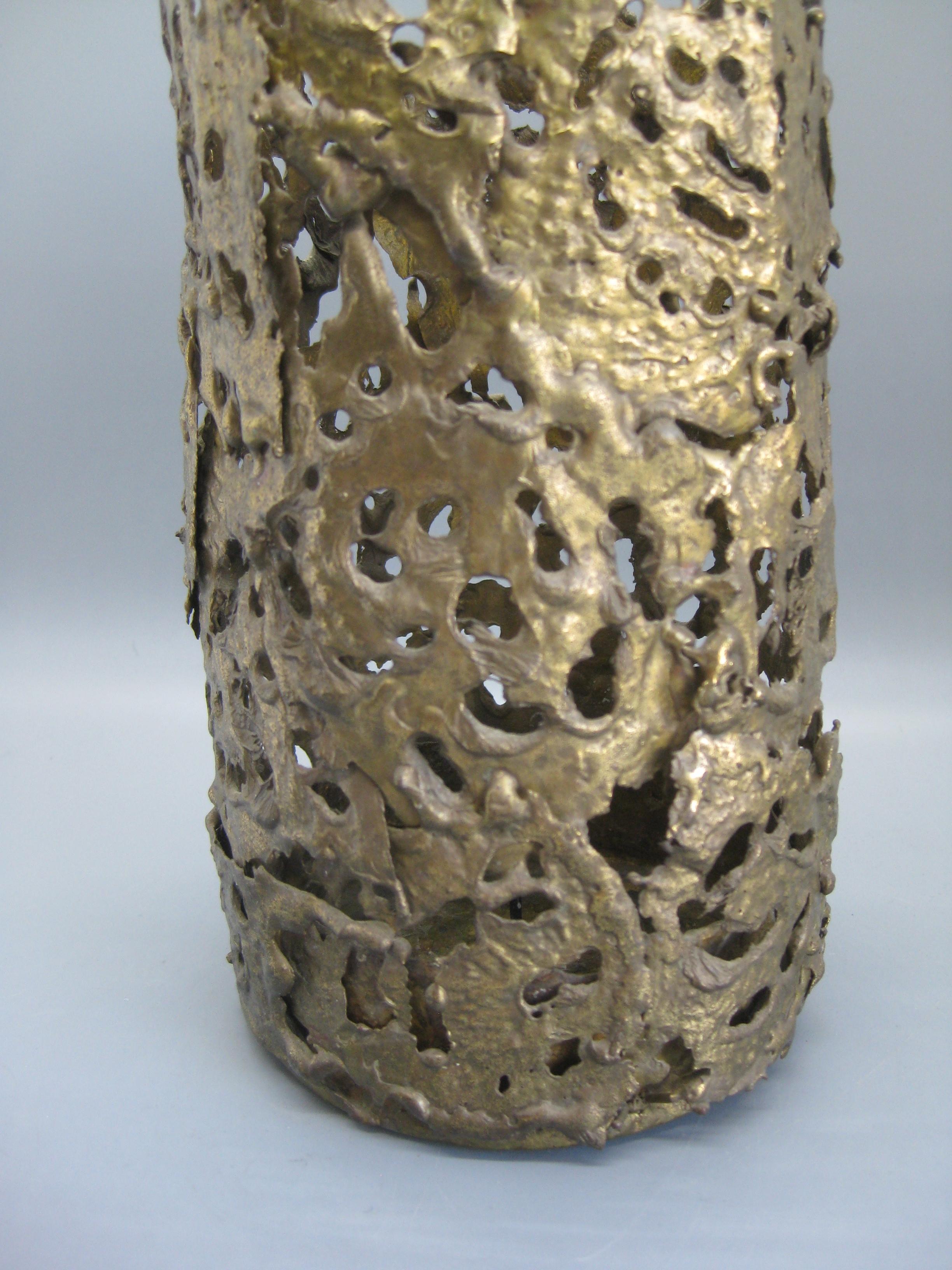 Hand-Crafted 1971 Brutalist Torch-Cut Brass Candleholder Vase Sculpture Artist Signed For Sale