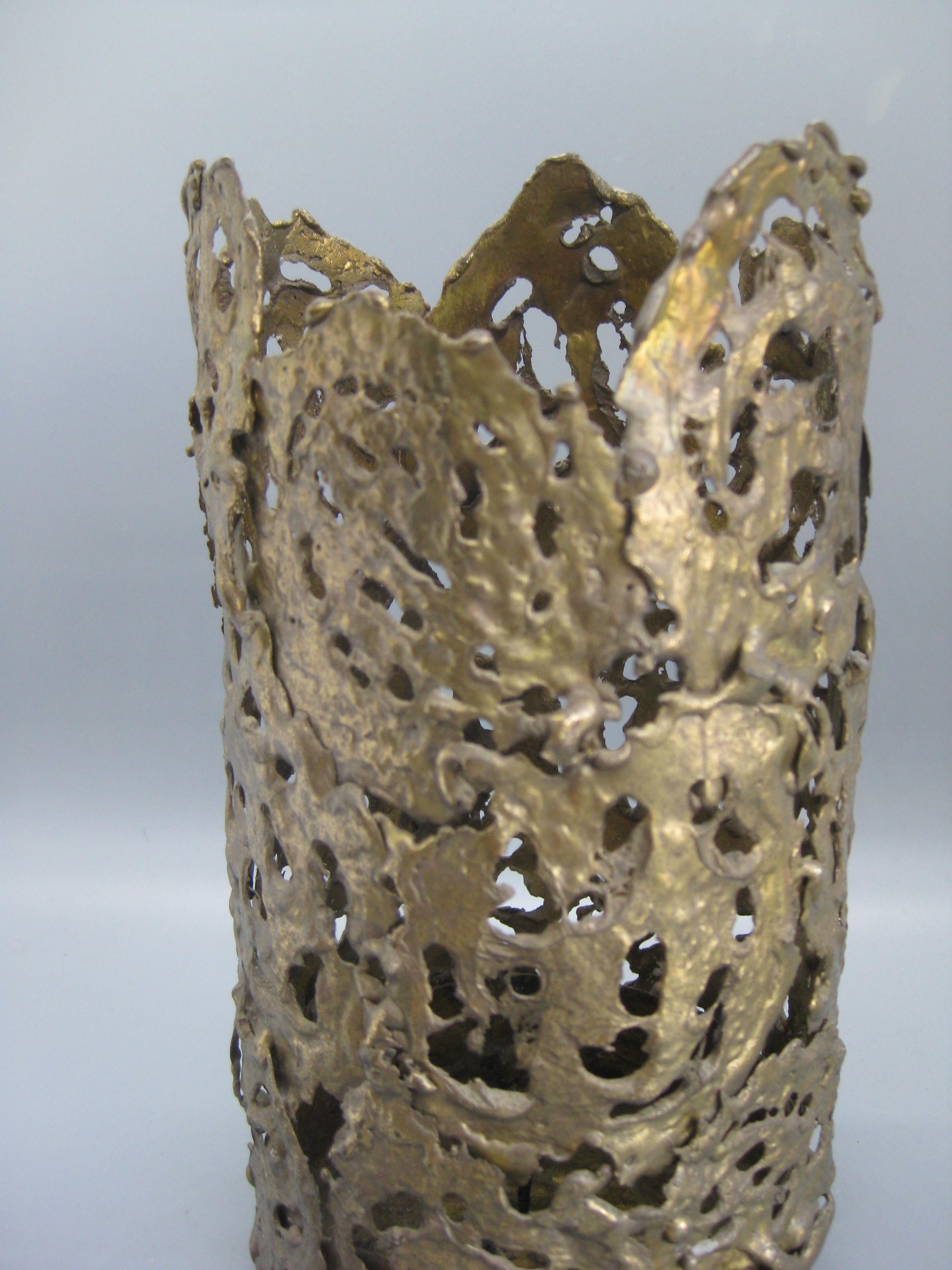 20th Century 1971 Brutalist Torch-Cut Brass Candleholder Vase Sculpture Artist Signed For Sale