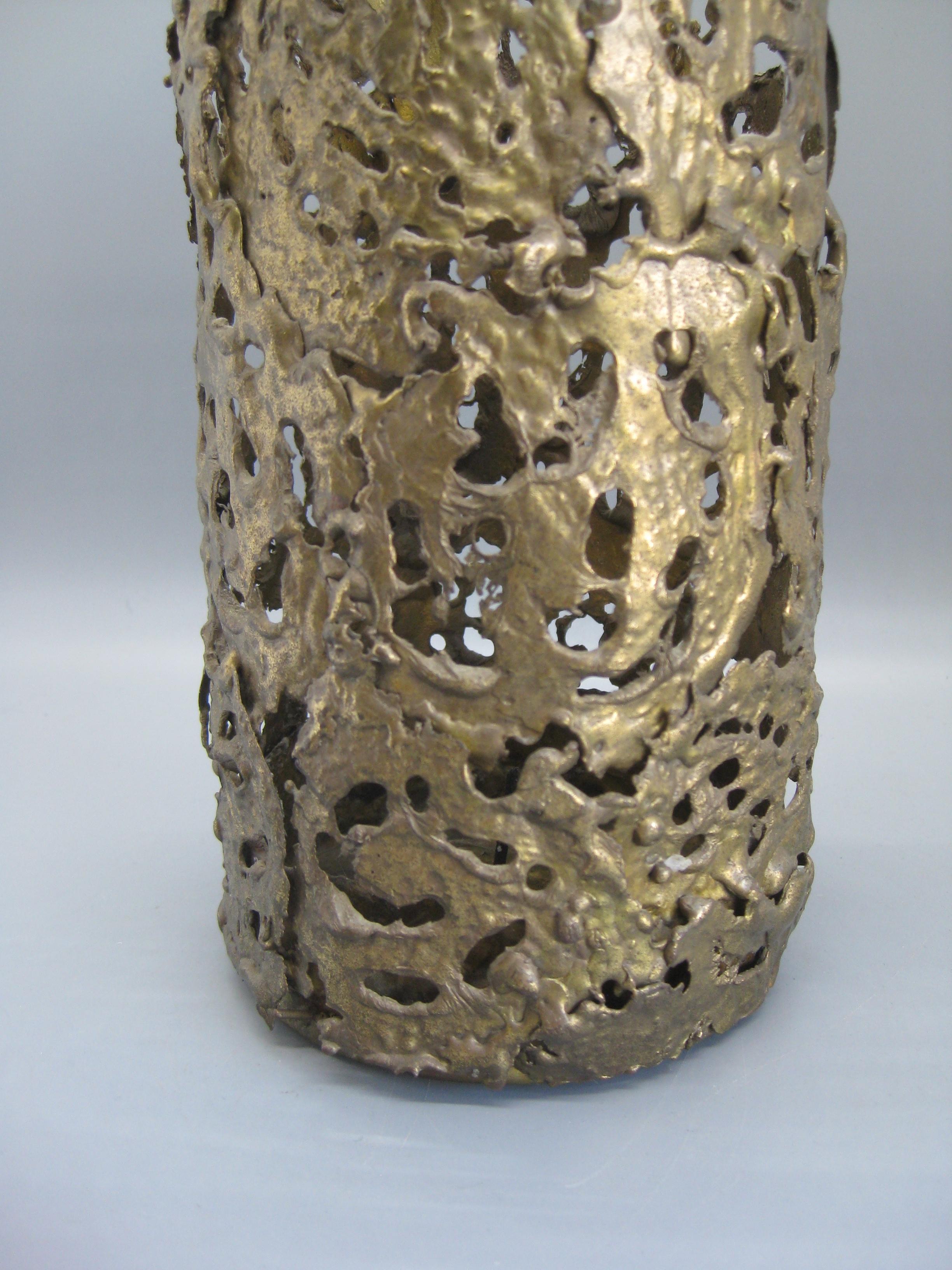 1971 Brutalist Torch-Cut Brass Candleholder Vase Sculpture Artist Signed For Sale 1