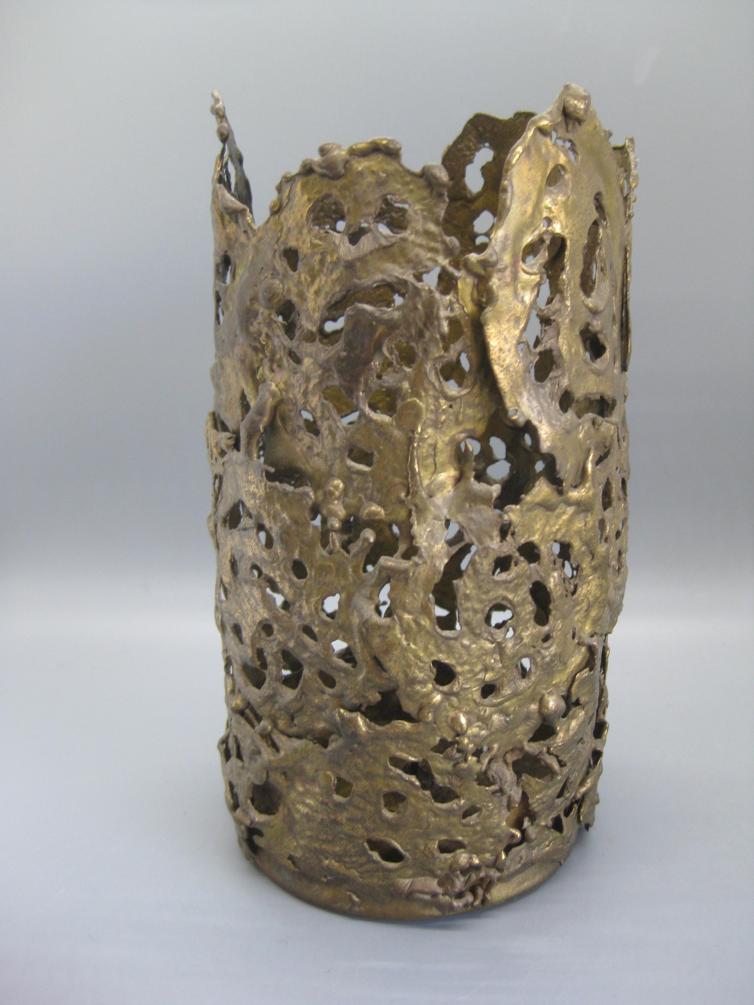 1971 Brutalist Torch-Cut Brass Candleholder Vase Sculpture Artist Signed For Sale 2