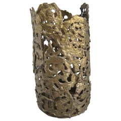 1971 Brutalist Torch-Cut Brass Candleholder Vase Sculpture Artist Signed