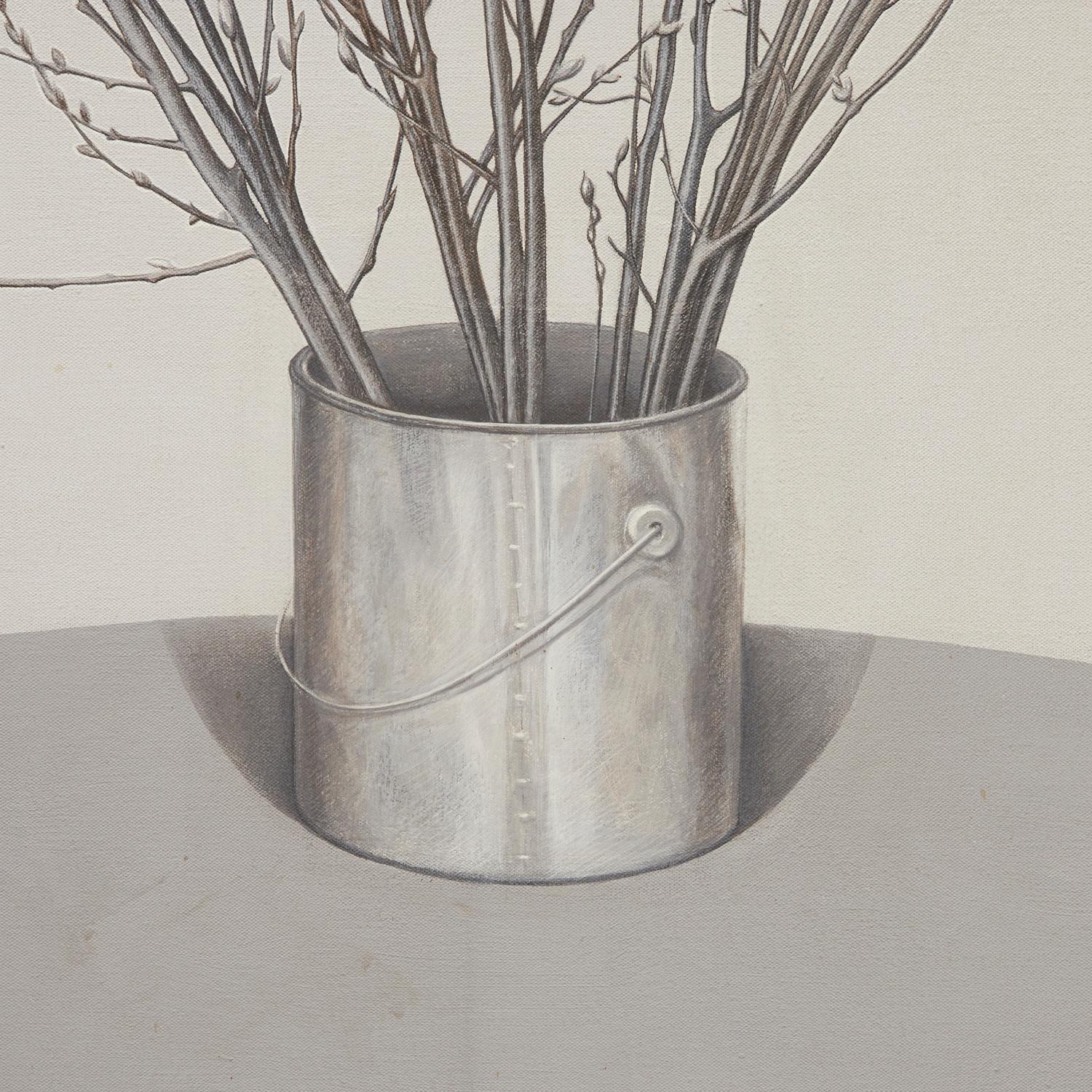 1971 Contemporary Photorealistic Öl auf Leinwand - Pussy Willow Branches in Bucket (Sonstiges) im Angebot