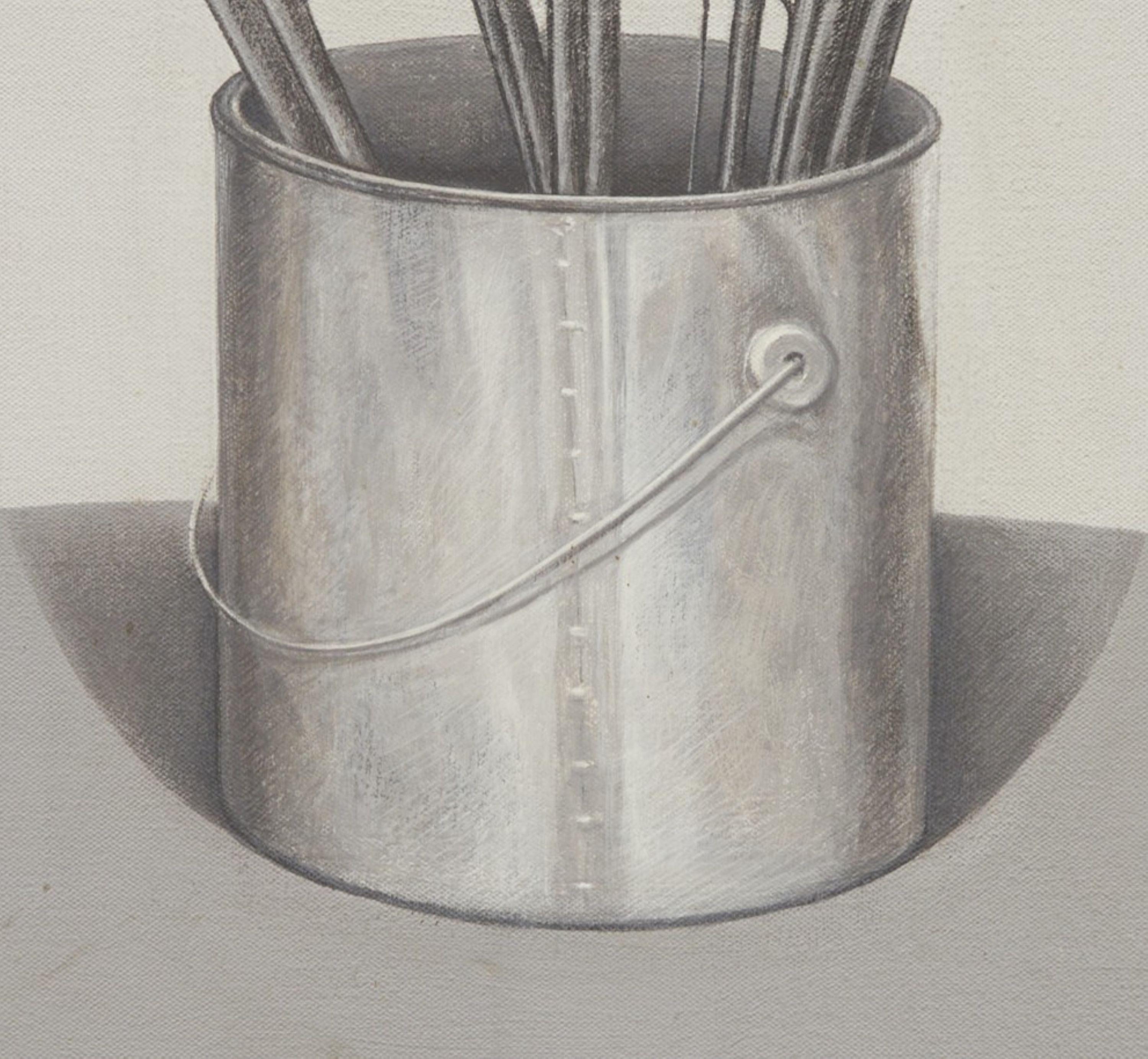 1971 Contemporary Photorealistic Öl auf Leinwand - Pussy Willow Branches in Bucket (Handbemalt) im Angebot