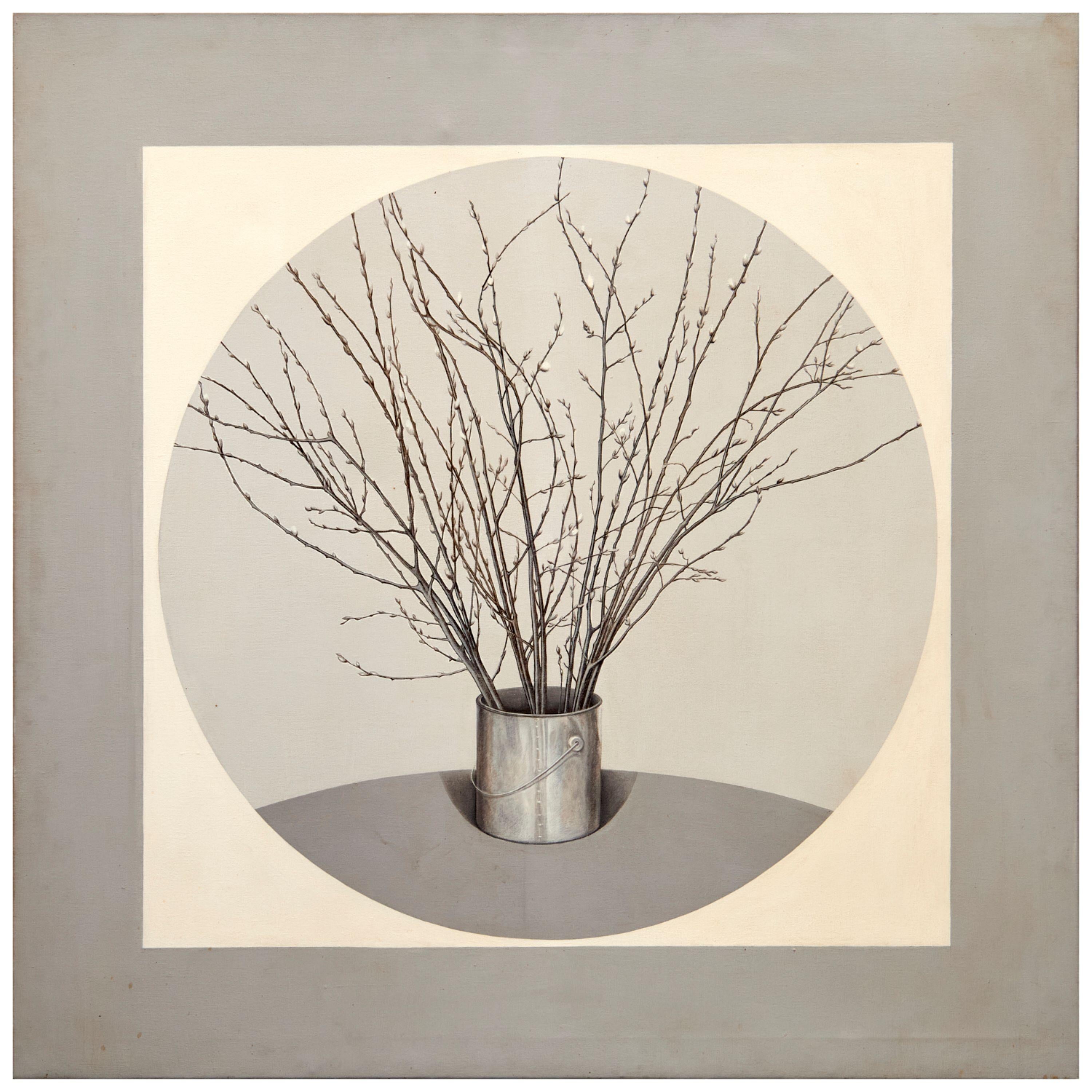 1971 Contemporary Photorealistic Öl auf Leinwand - Pussy Willow Branches in Bucket im Angebot