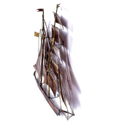 1971 Curtis Jere Brutalist Seascape Sailboat Metal Sculpture Wall Art