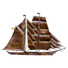 1971 Curtis Jere Brutalist Seascape Sailboat Metal Sculpture Wall Art