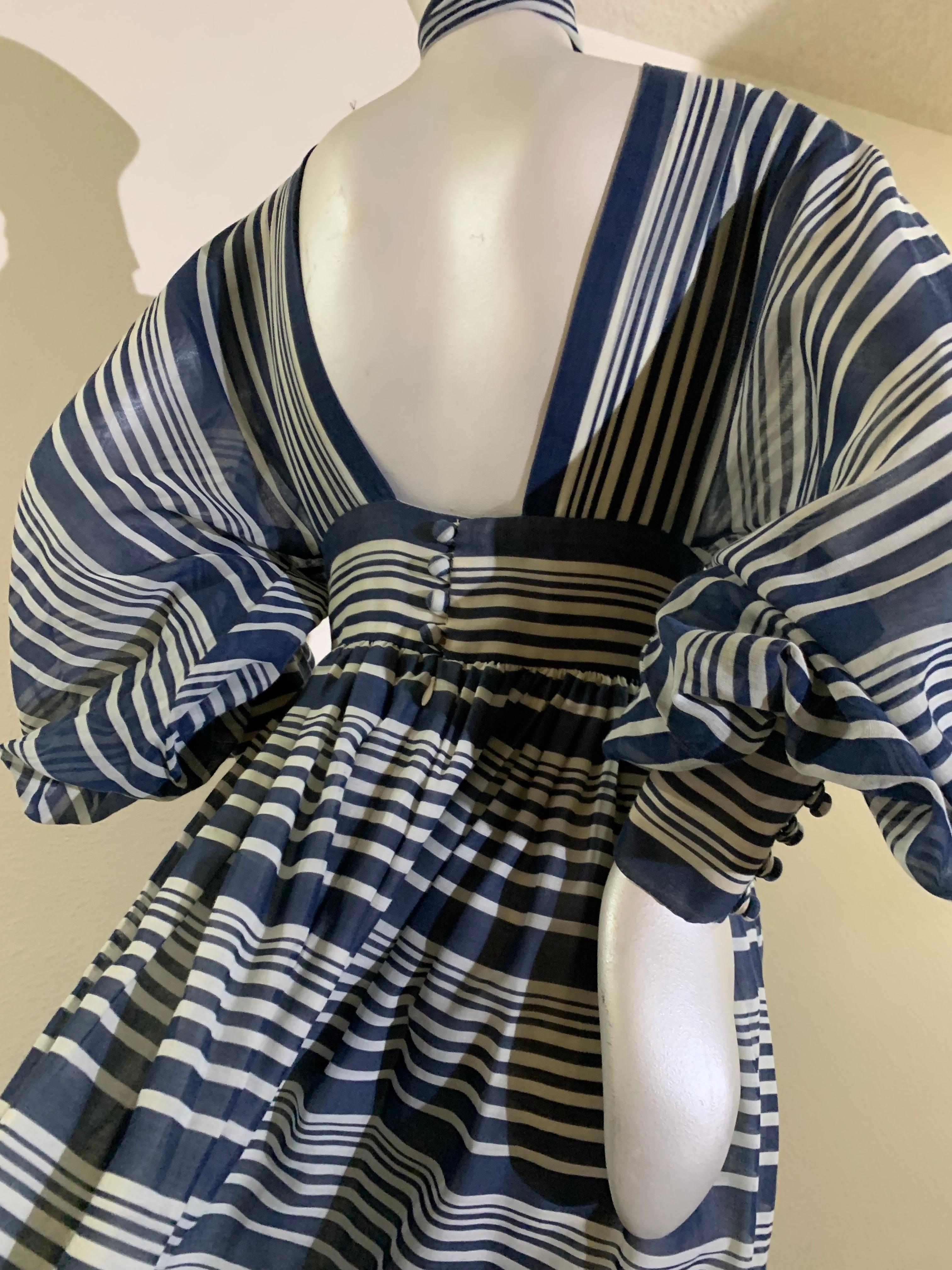 1971 Geoffrey Beene Navy & White Cotton Stripe Voile Peasant Gown w Full Sleeves For Sale 5