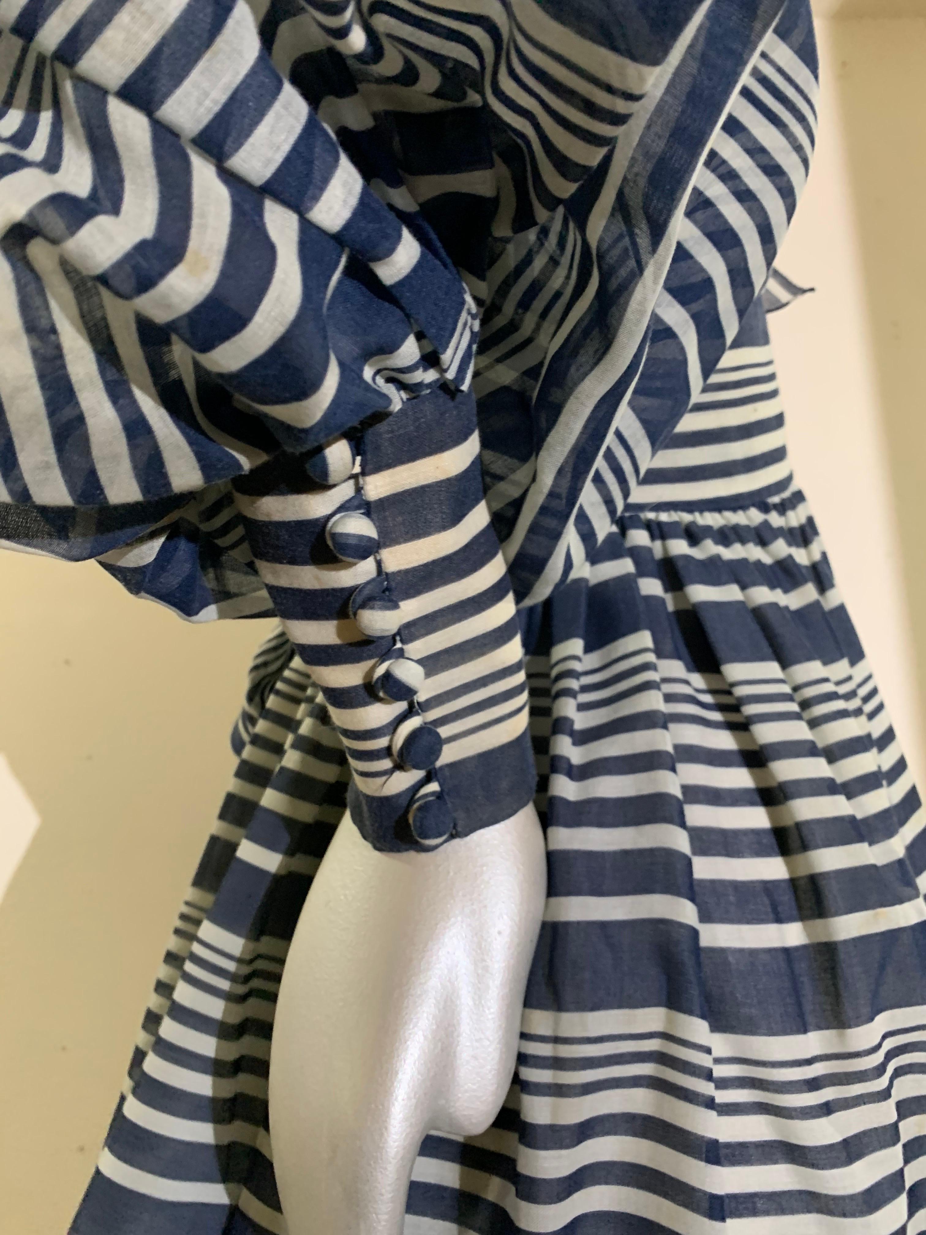 1971 Geoffrey Beene Navy & White Cotton Stripe Voile Peasant Gown w Full Sleeves For Sale 6