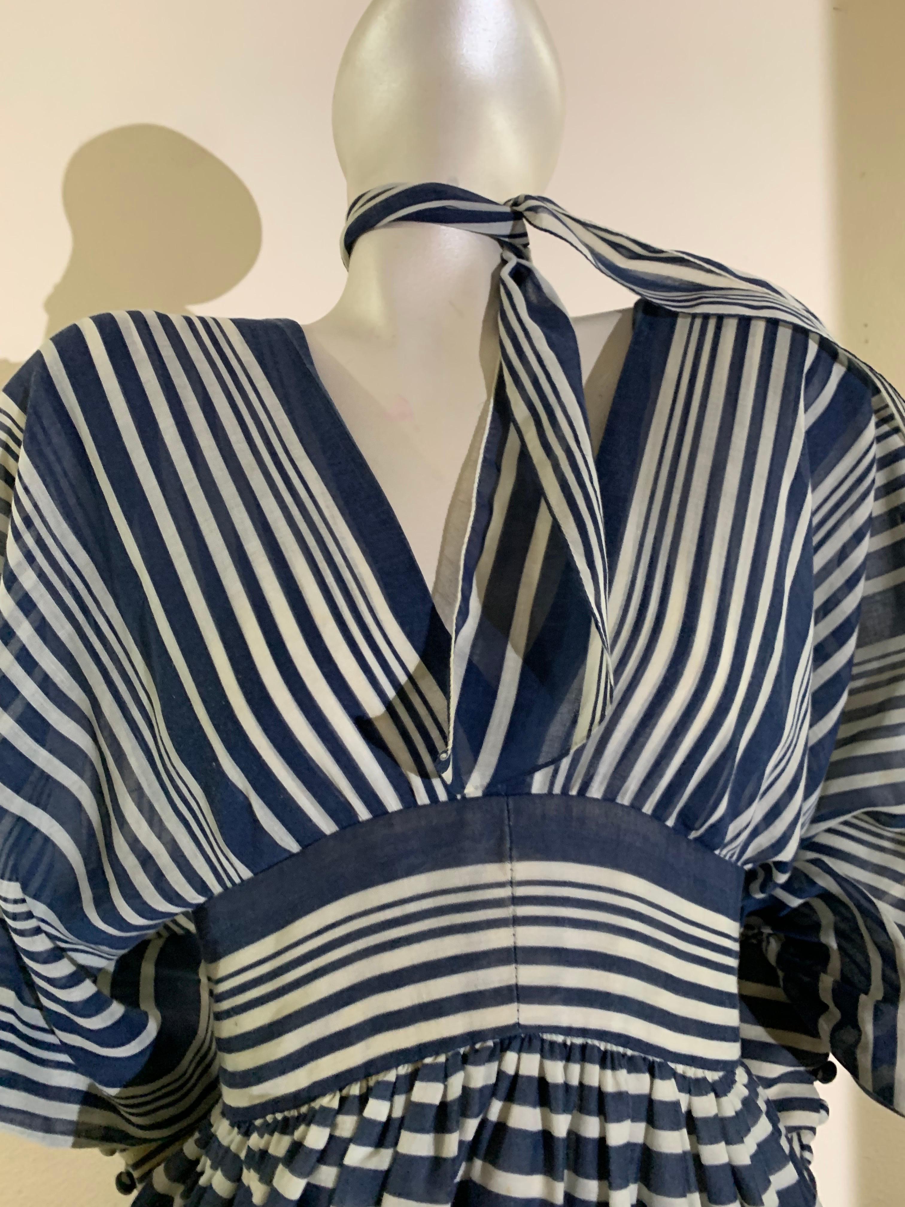 1971 Geoffrey Beene Navy & White Cotton Stripe Voile Peasant Gown w Full Sleeves For Sale 7