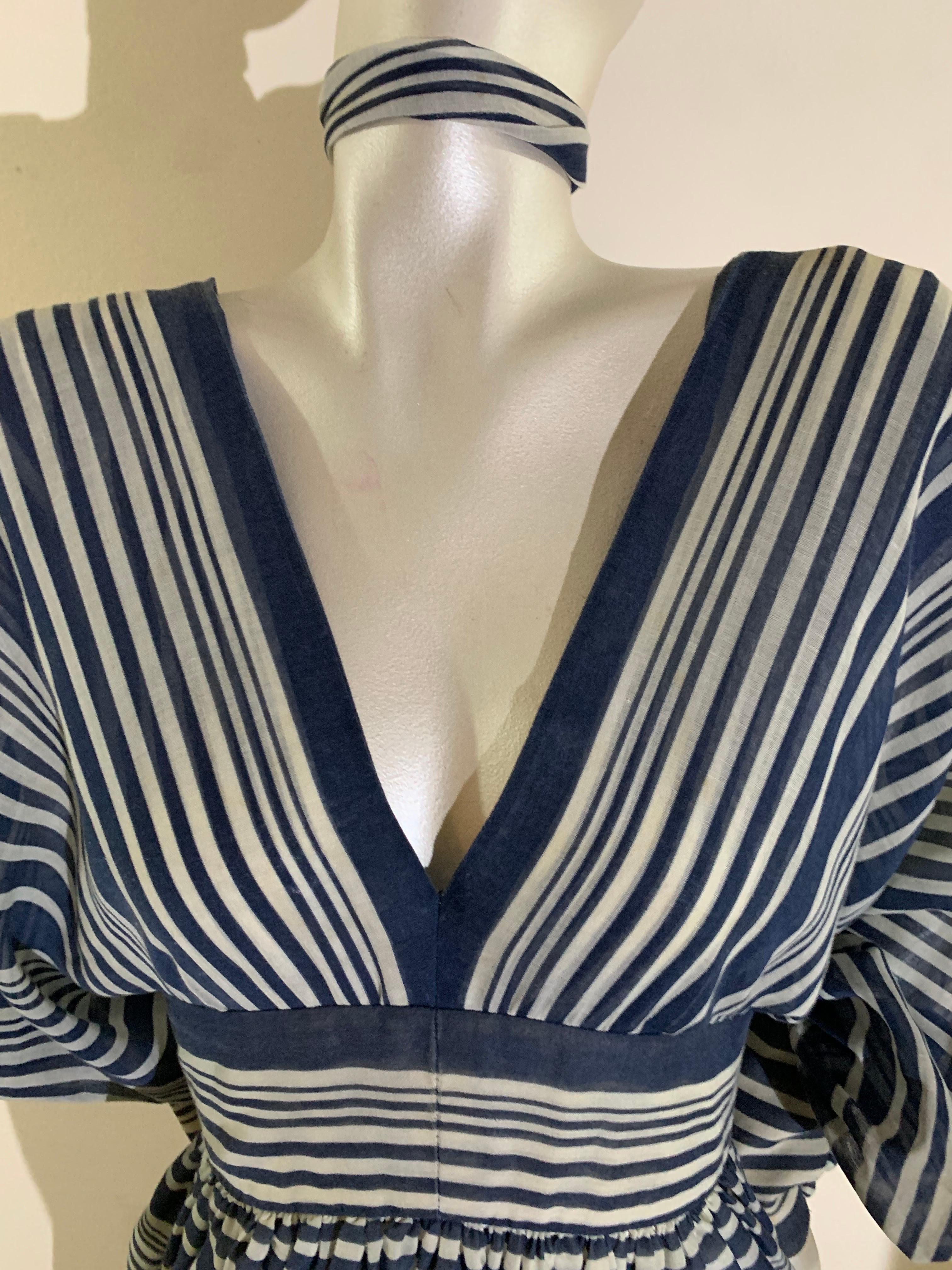 1971 Geoffrey Beene Navy & White Cotton Stripe Voile Peasant Gown w Full Sleeves For Sale 9