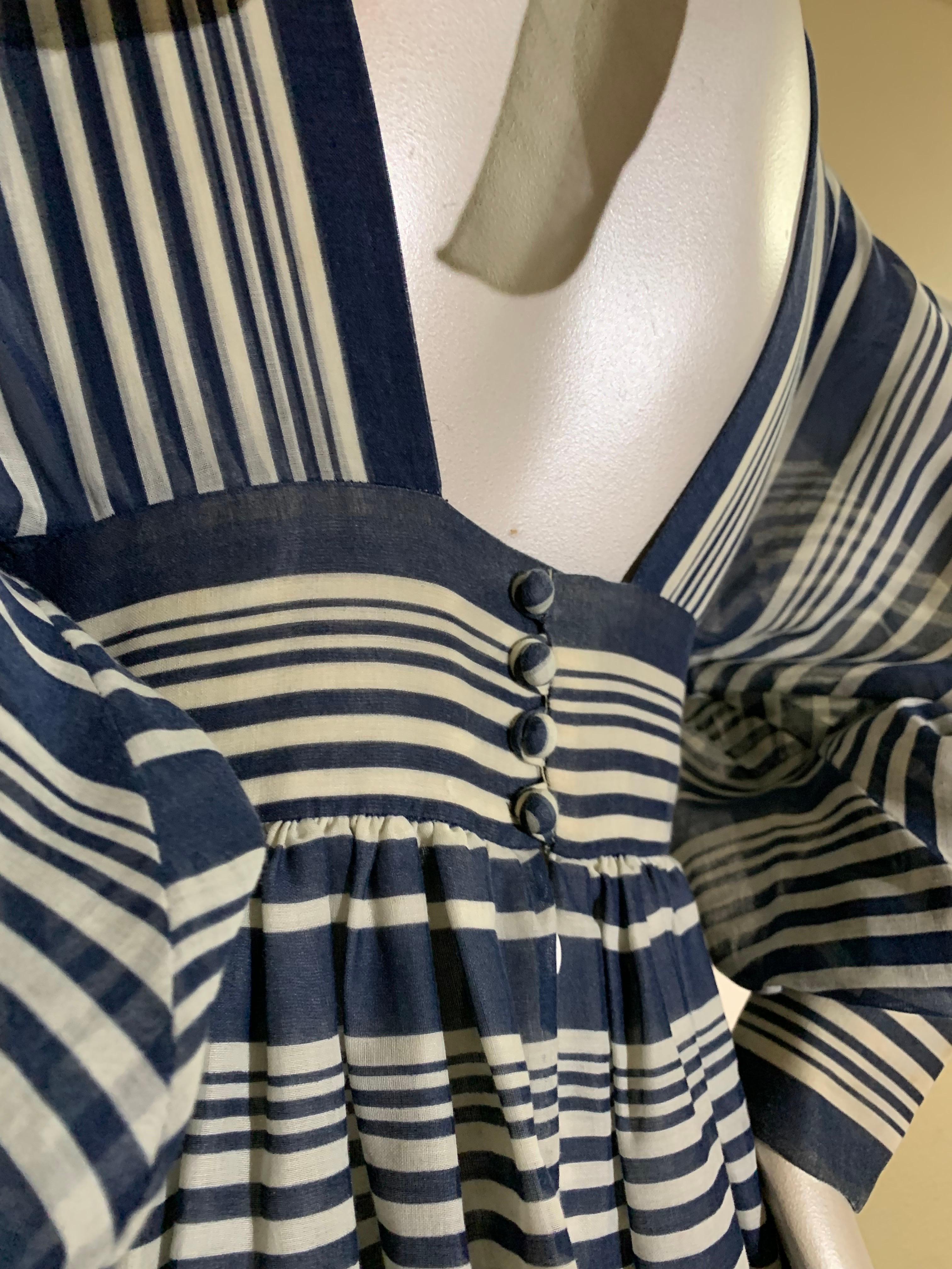 1971 Geoffrey Beene Navy & White Cotton Stripe Voile Peasant Gown w Full Sleeves For Sale 10