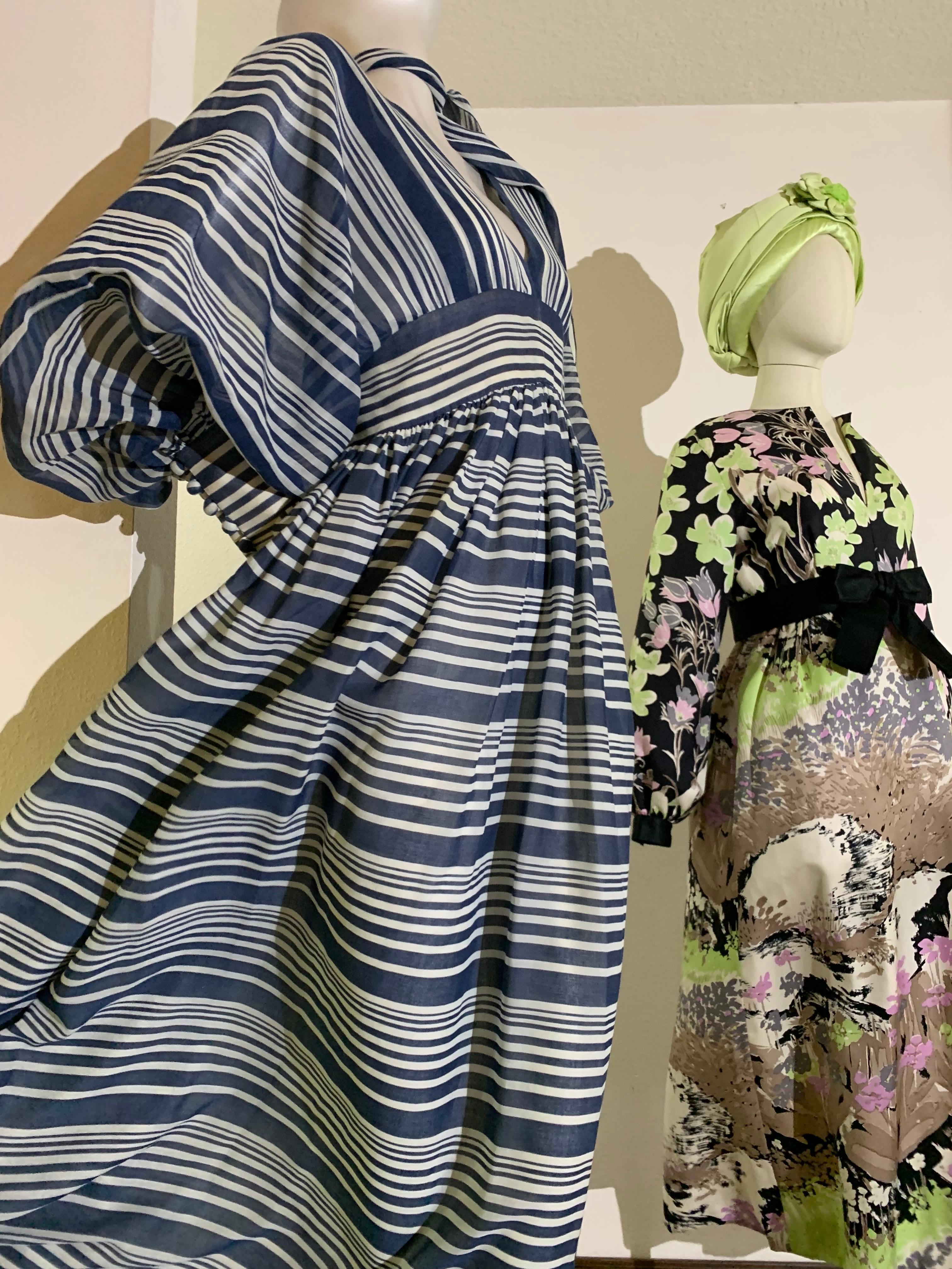 1971 Geoffrey Beene Navy & White Cotton Stripe Voile Peasant Gown w Full Sleeves For Sale 12