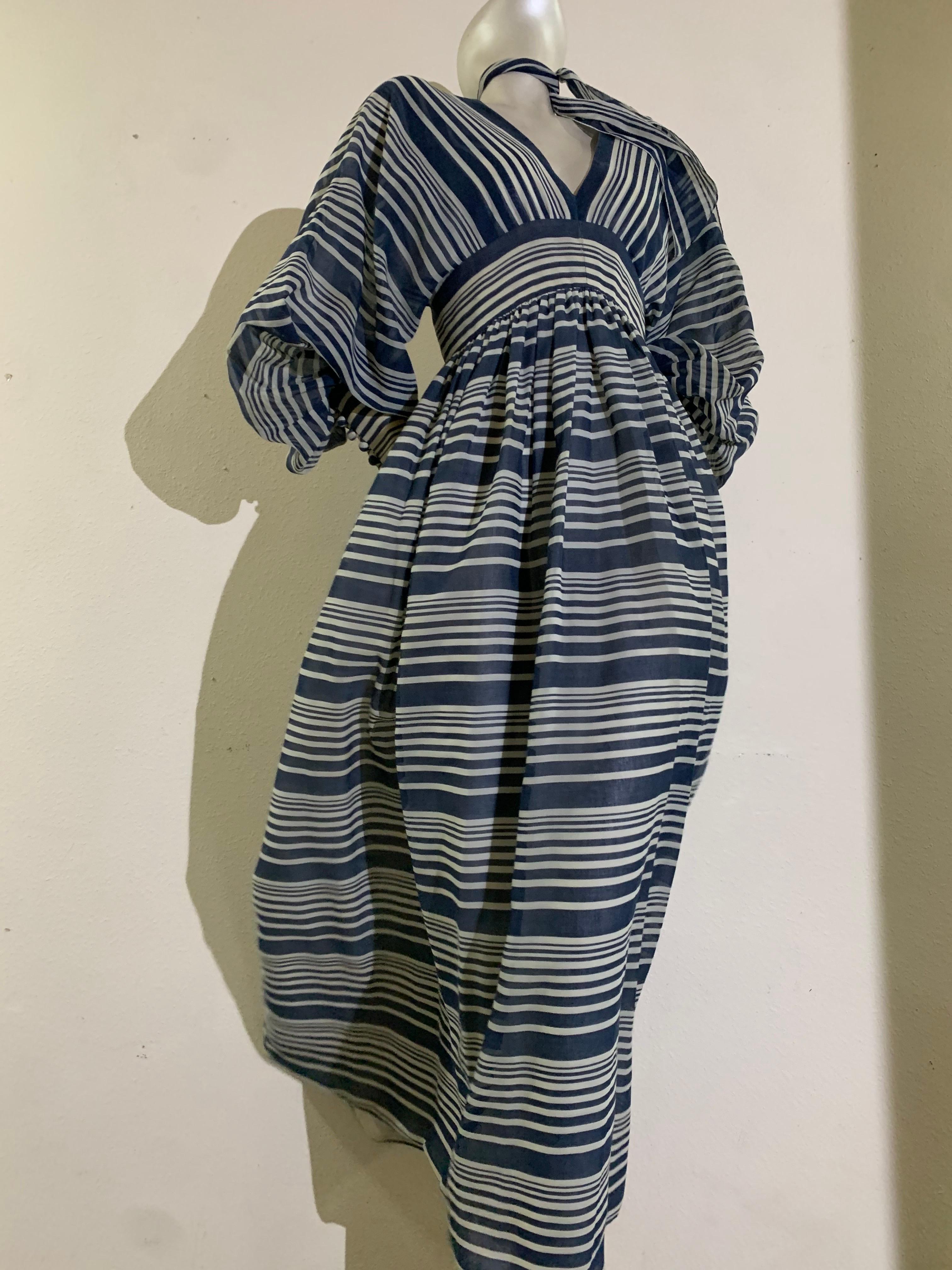 Black 1971 Geoffrey Beene Navy & White Cotton Stripe Voile Peasant Gown w Full Sleeves For Sale