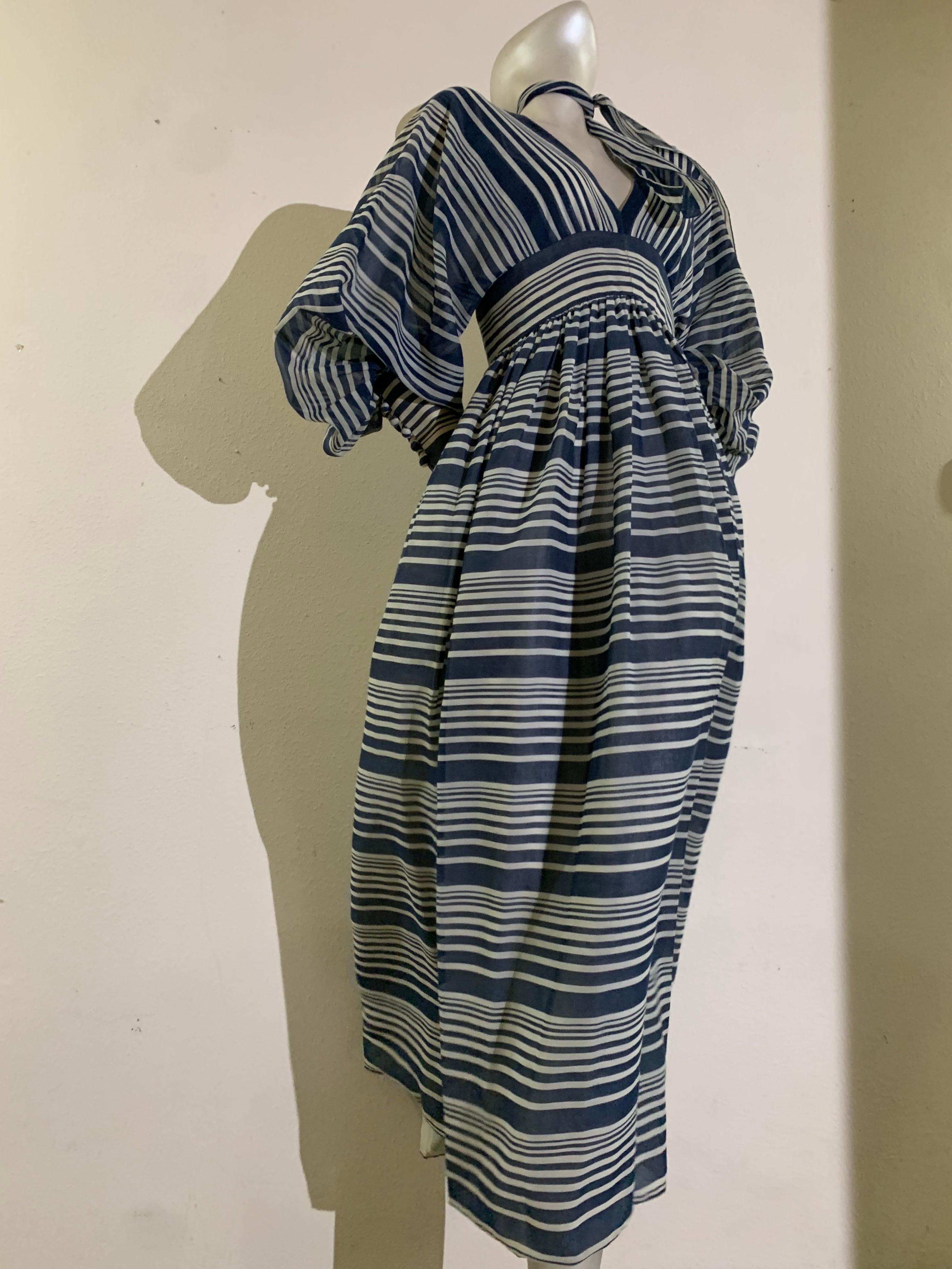 1971 Geoffrey Beene Navy & White Cotton Stripe Voile Peasant Gown w Full Sleeves In Excellent Condition For Sale In Gresham, OR