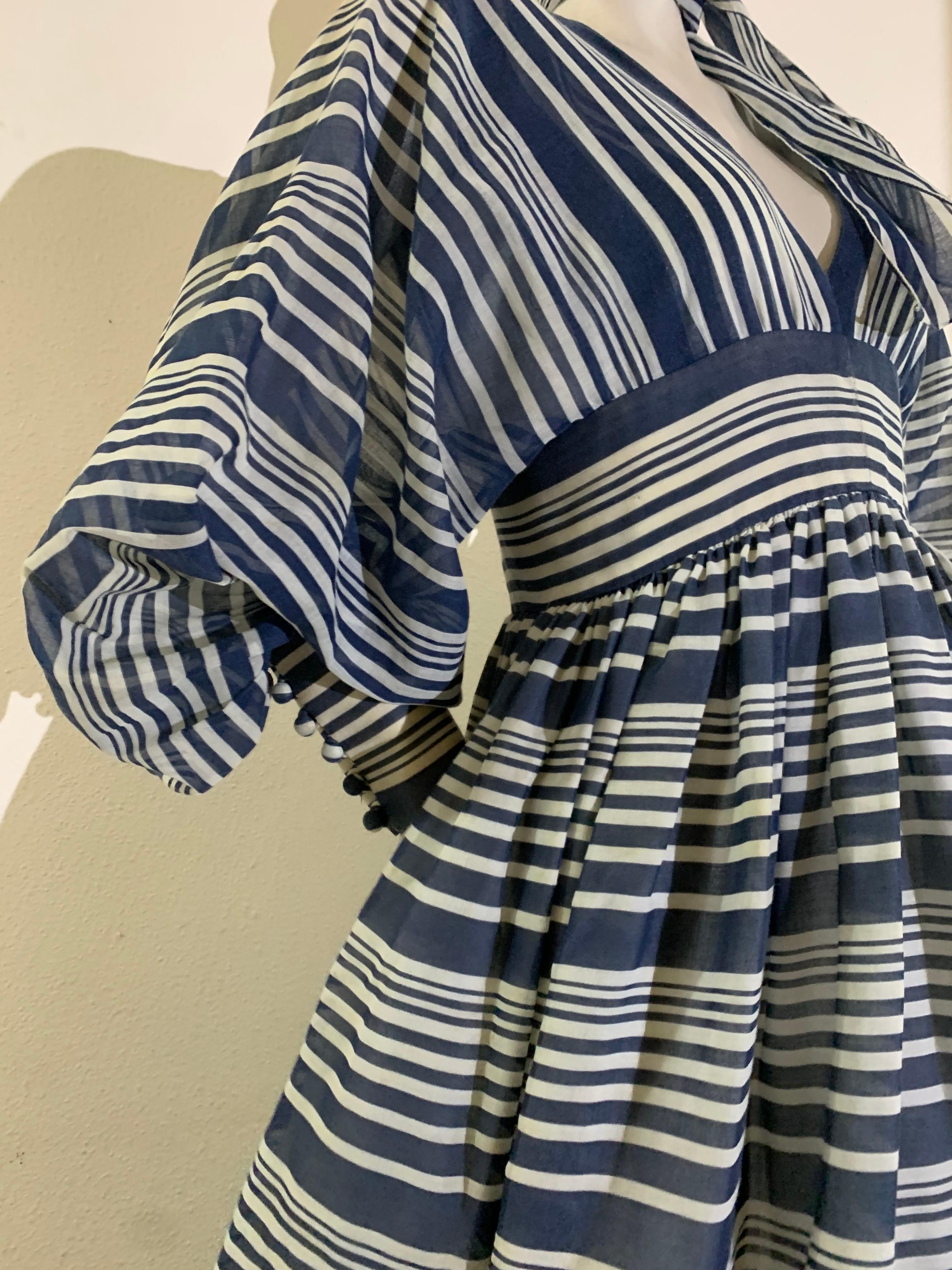 Women's 1971 Geoffrey Beene Navy & White Cotton Stripe Voile Peasant Gown w Full Sleeves For Sale
