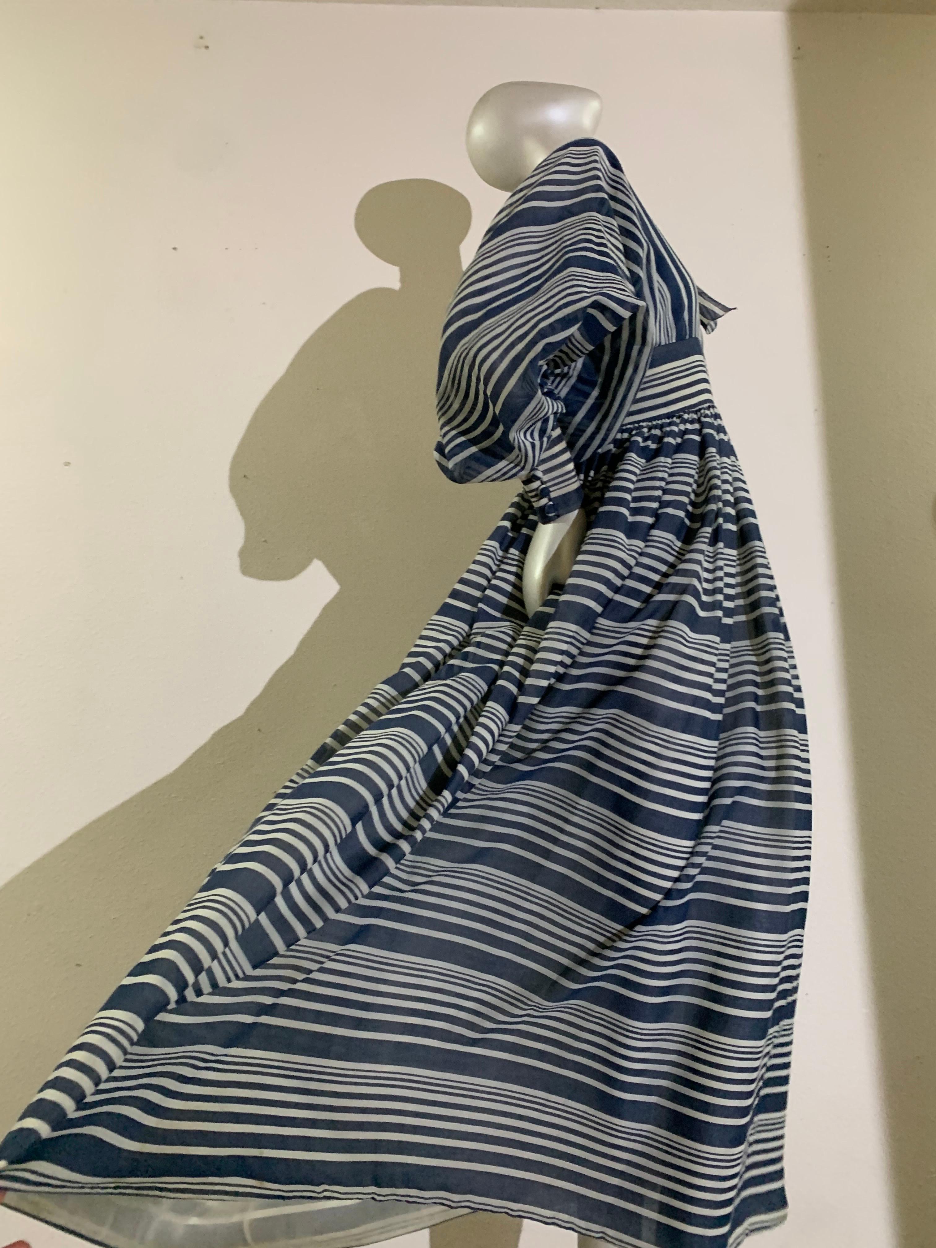1971 Geoffrey Beene Navy & White Cotton Stripe Voile Peasant Gown w Full Sleeves For Sale 1