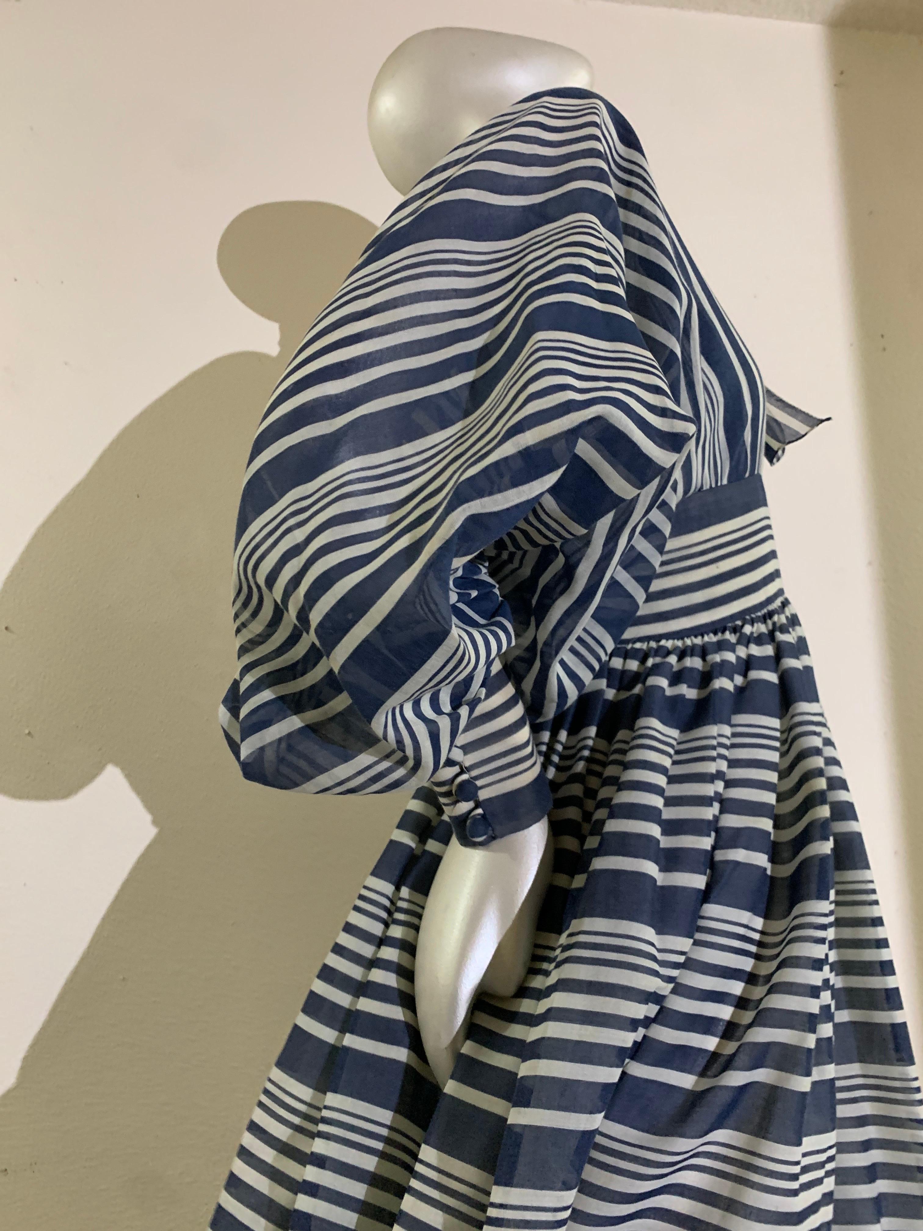 1971 Geoffrey Beene Navy & White Cotton Stripe Voile Peasant Gown w Full Sleeves For Sale 2