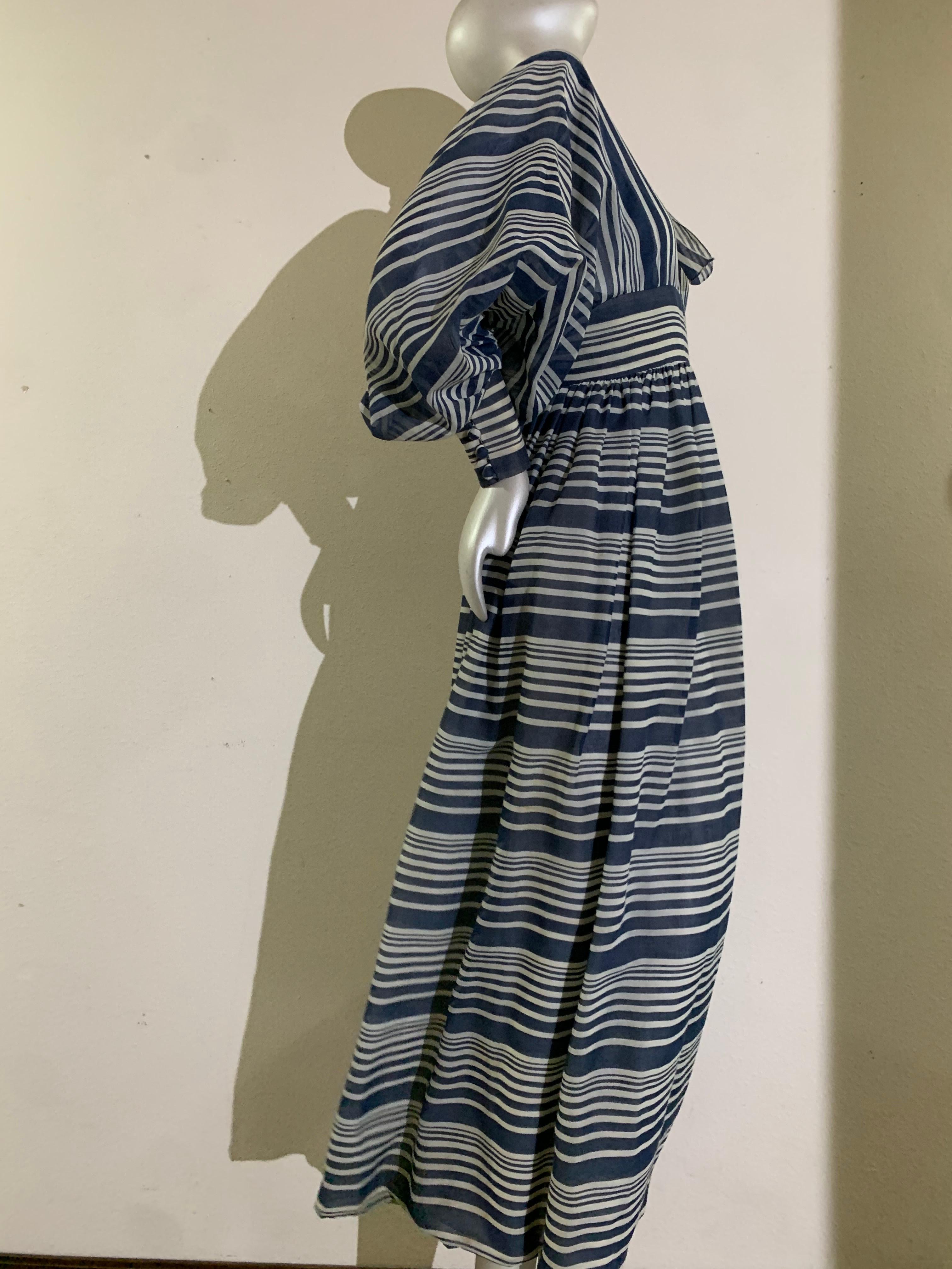 1971 Geoffrey Beene Navy & White Cotton Stripe Voile Peasant Gown w Full Sleeves For Sale 3