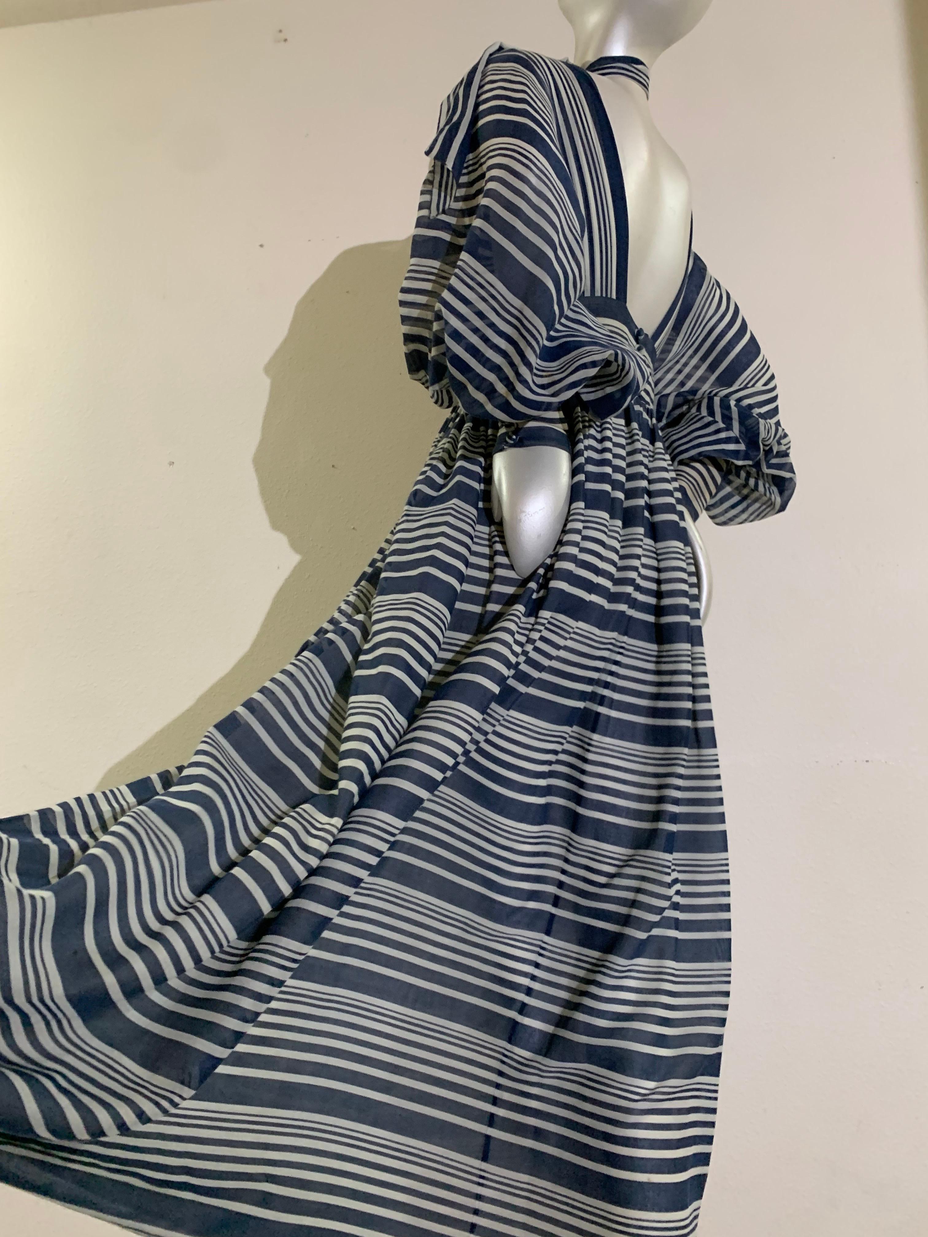 1971 Geoffrey Beene Navy & White Cotton Stripe Voile Peasant Gown w Full Sleeves For Sale 4