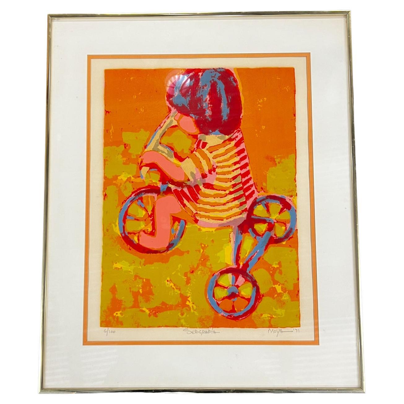1971 Girl on Tricycle Modern Lithograph signed Serigraphia Moya Mexico