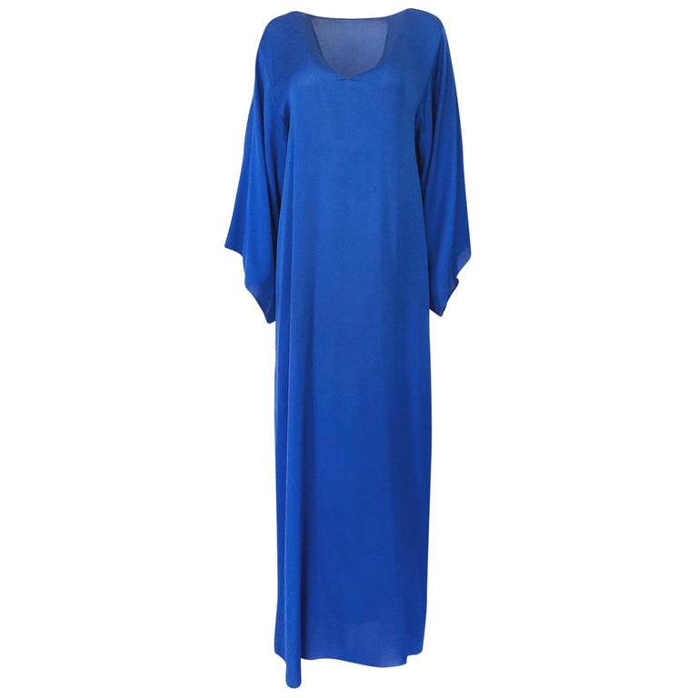 1971 Halston Couture Royal Blue Liquid Silk Bias Cut Caftan Maxi Dress For Sale
