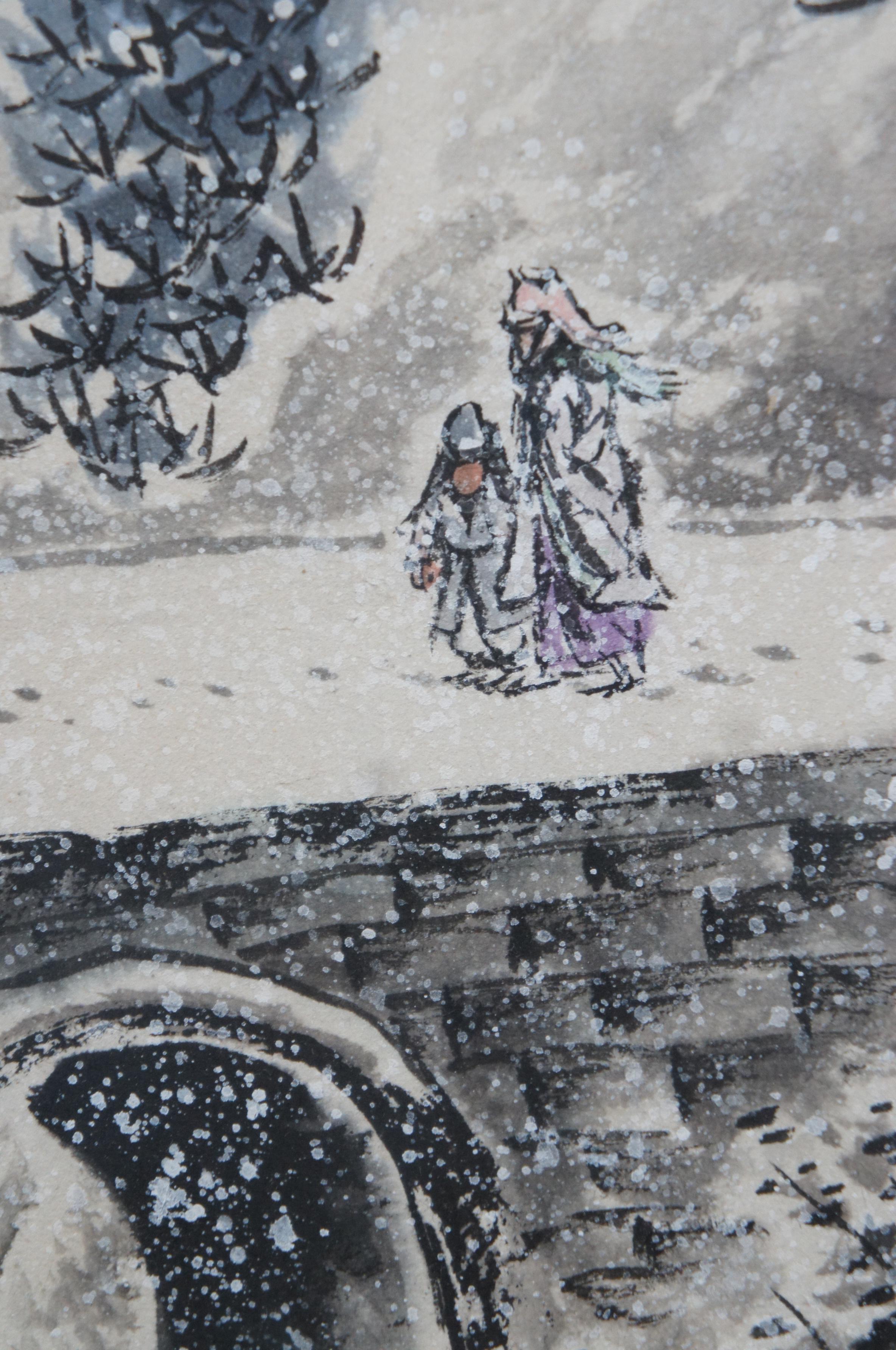 1971 Hauqing Kim Chinese Winter Landscape Watercolor Painting Snow Bridge For Sale 2
