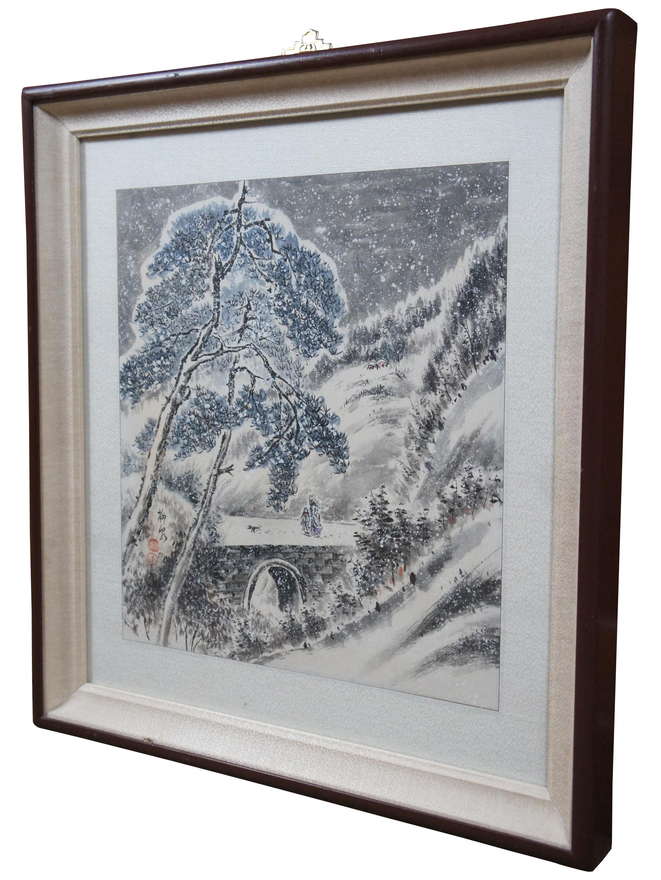 1971 Huaqing Kim (Liu Quan) watercolor painting showing a winter mountain landscape of the Dongkya Range of the Himalayas between China's Yadong County in Tibe. Features a pair of figures crossing a stone bridge, walking their dog, in a snowstorm