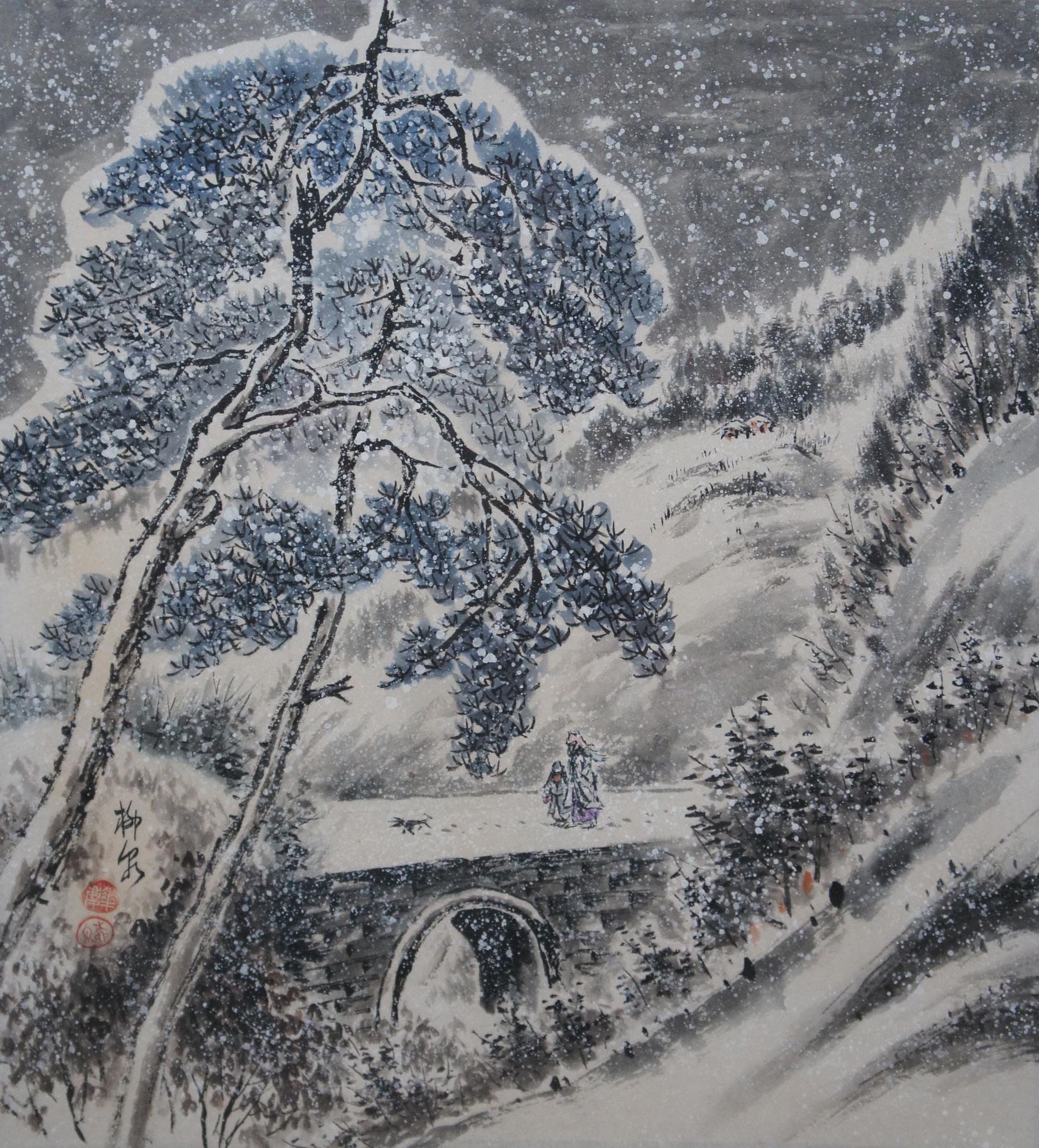 Late 20th Century 1971 Hauqing Kim Chinese Winter Landscape Watercolor Painting Snow Bridge For Sale
