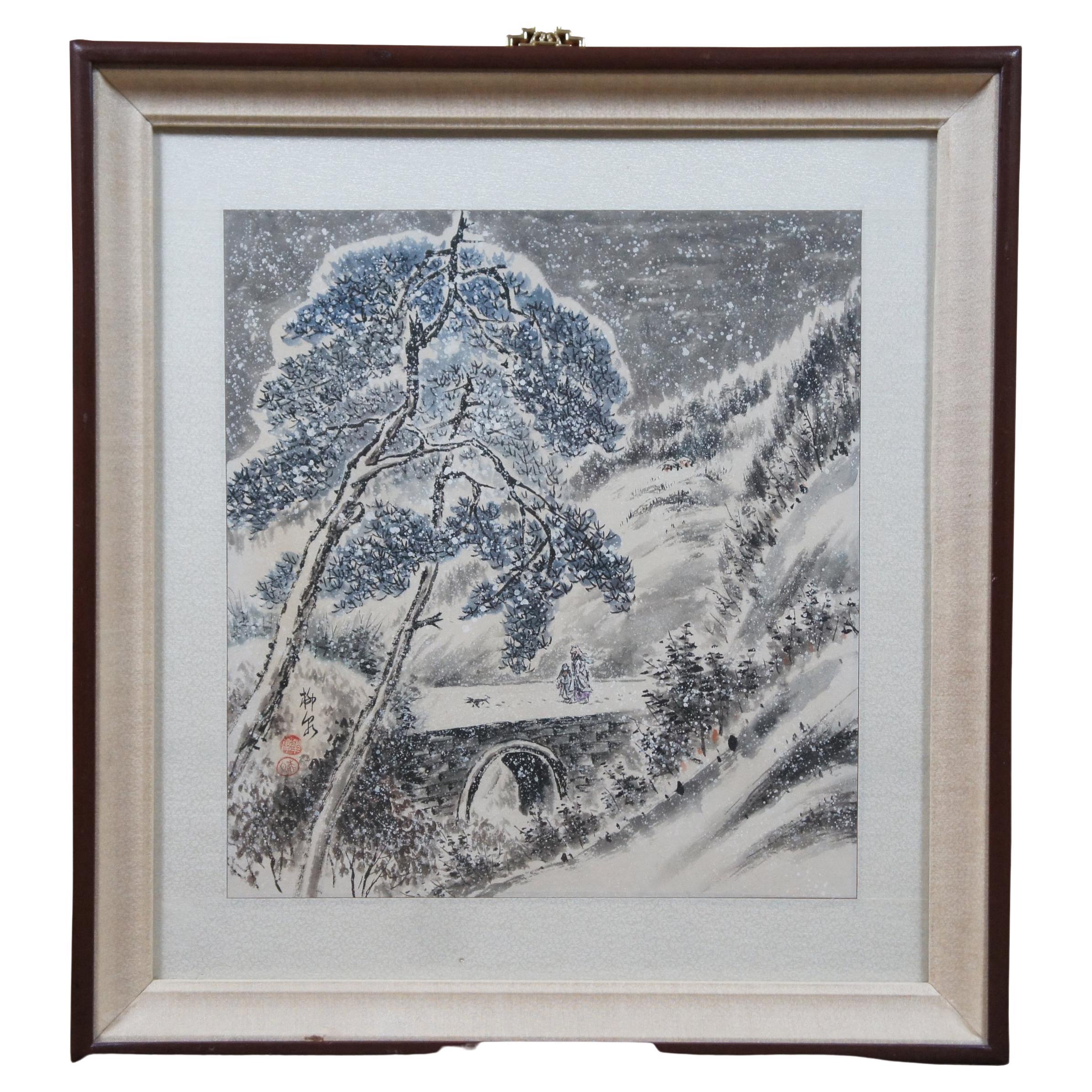 1971 Hauqing Kim Chinese Winter Landscape Watercolor Painting Snow Bridge For Sale