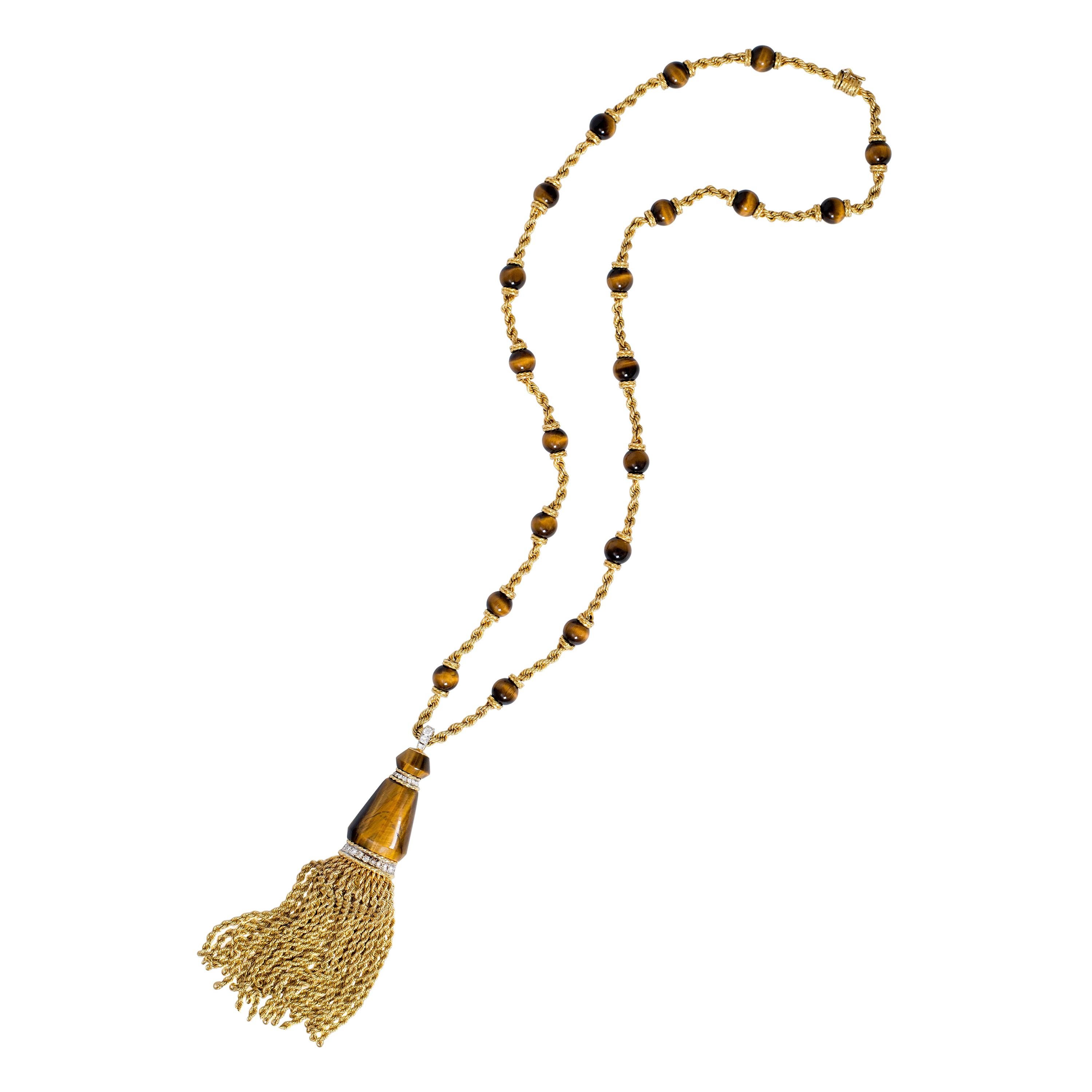 1971 Kutchinsky Tiger's Eye, Diamond and Gold Tassel Sautoir