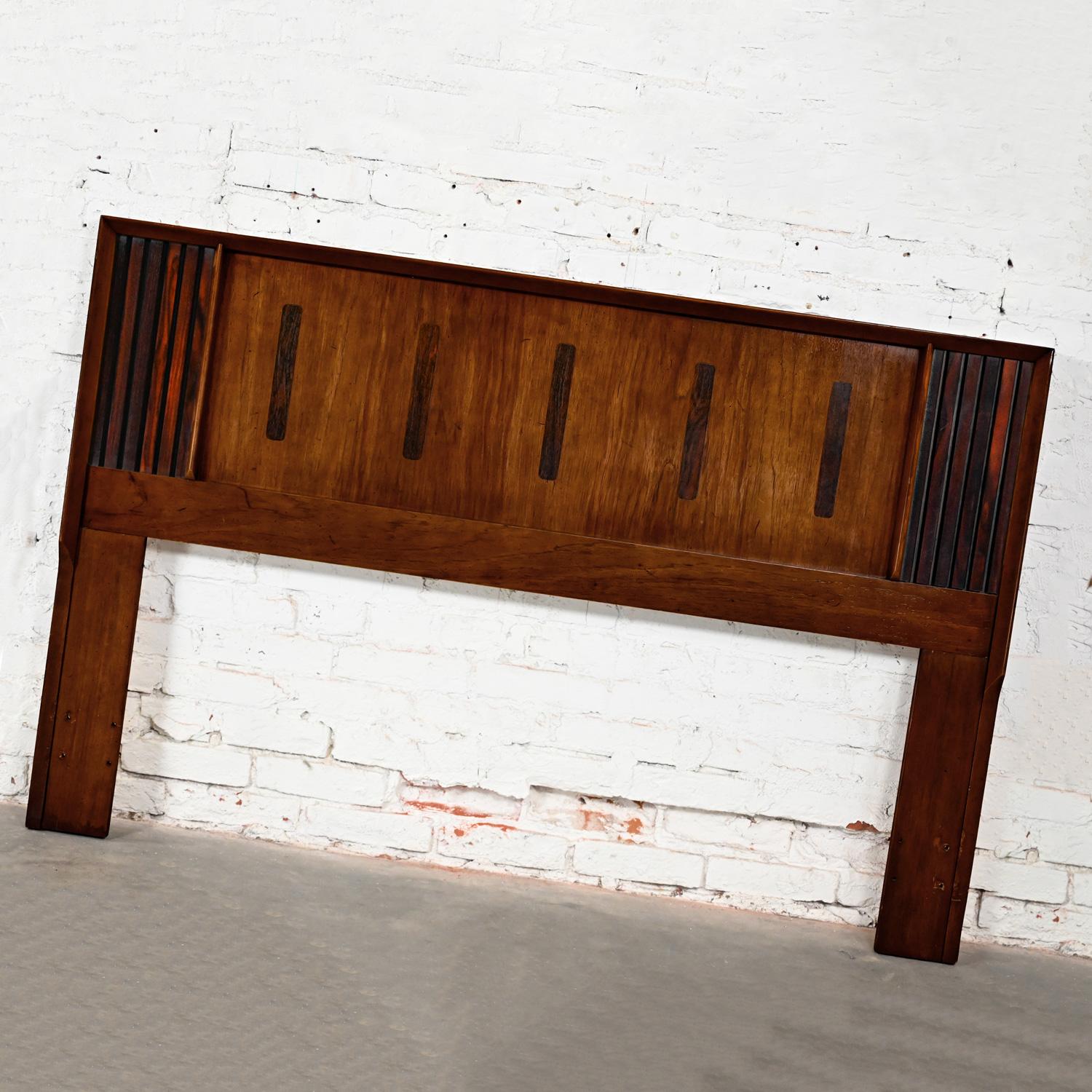 Marvelous vintage Mid-Century Modern headboard Lane Furniture Tower Suite Collection comprised of walnut and rosewood. Beautiful condition, keeping in mind that this is vintage and not new so will have signs of use and wear even if it has been