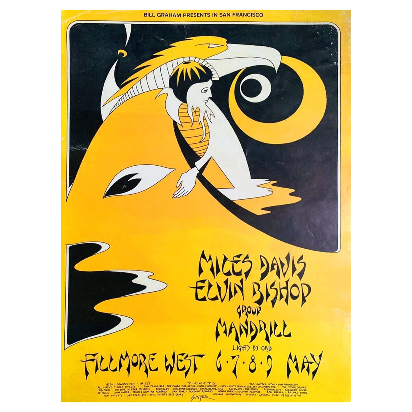 Affiche vintage d'origine Miles Davis & Elvin Bishop, Fillmore West, 1971