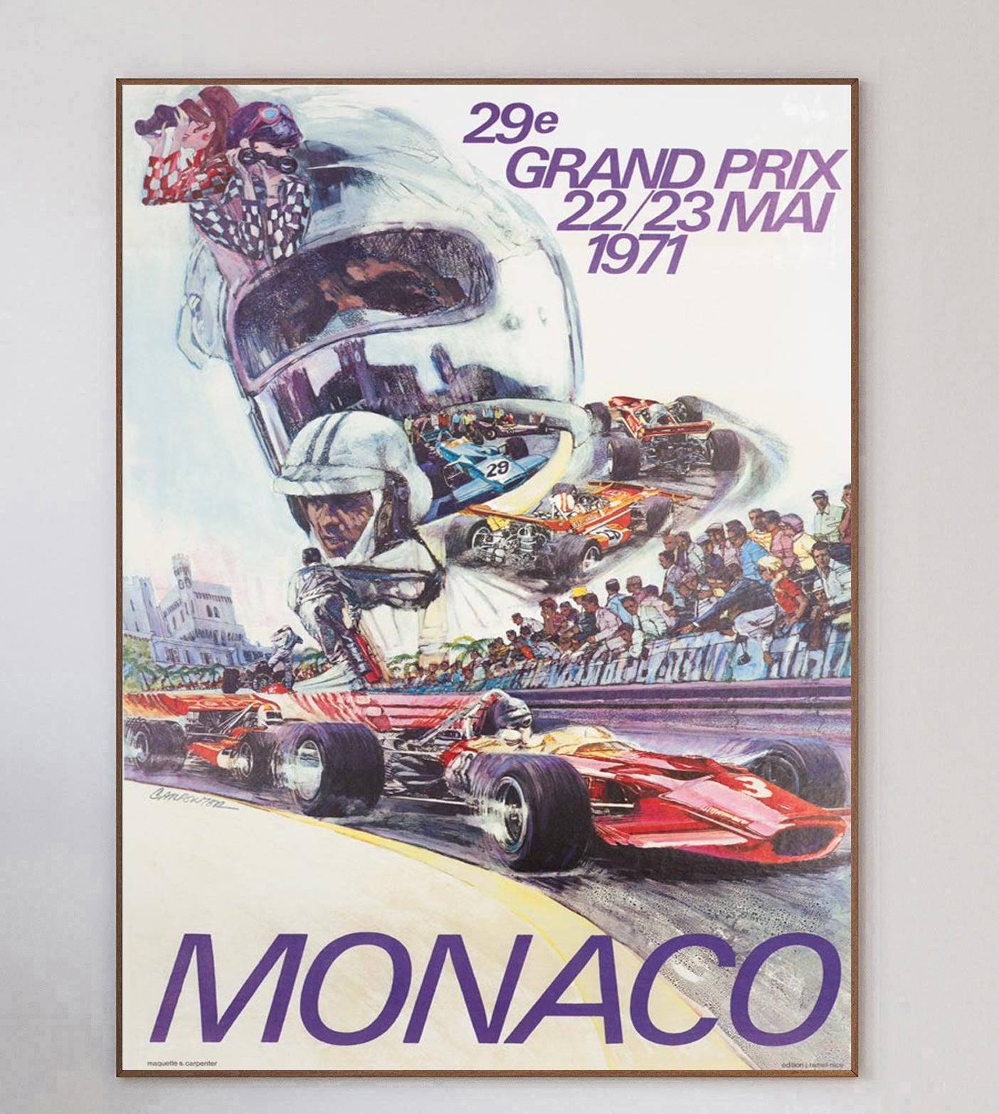 Este cartel es para el Gran Premio de Mónaco de 1971, con el brillante diseño de la ilustración de Carpenter que representa al ganador del año anterior, Jochen Rindt, pilotando para Lotus-Ford.

El maravilloso póster muestra a los coches corriendo