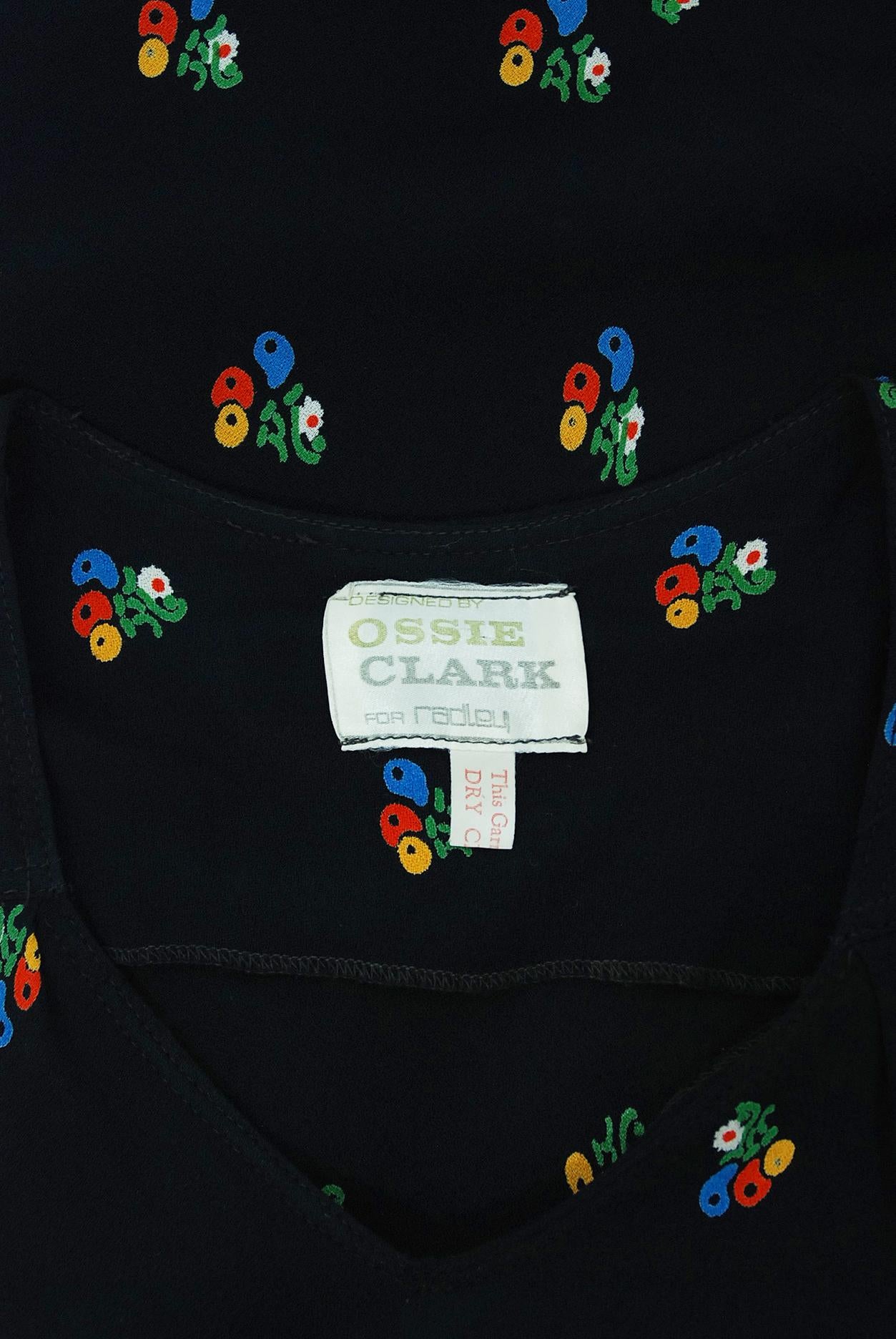 Vintage 1971 Ossie Clark Black Floral Celia Birtwell Print Silk Bias-Cut Dress  4