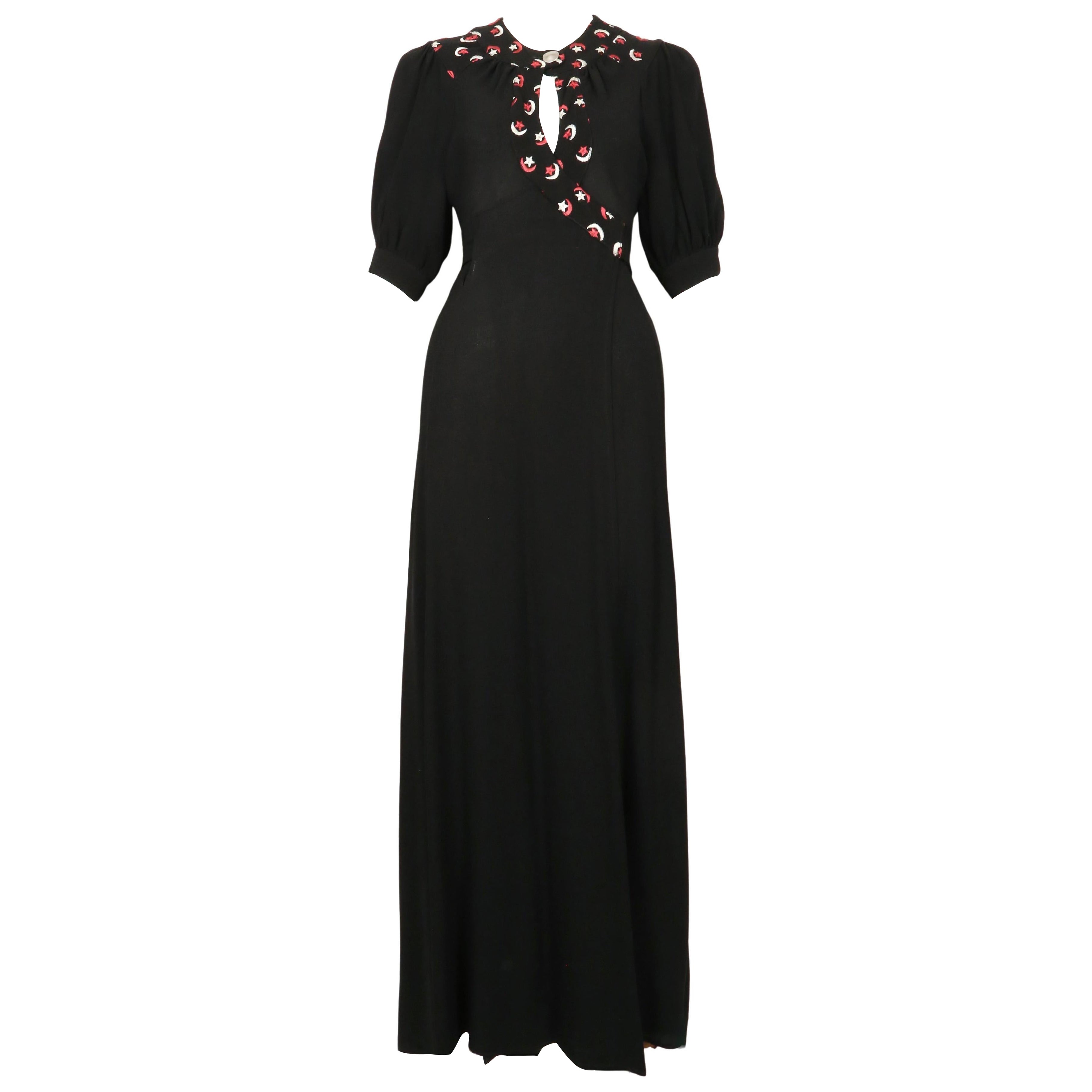 1971 OSSIE CLARK black moss crepe dress with embroidered moons & stars