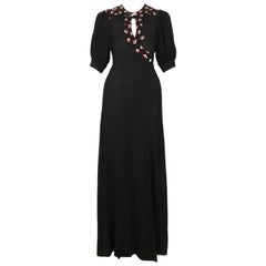 1971 OSSIE CLARK black moss crepe dress with embroidered moons & stars